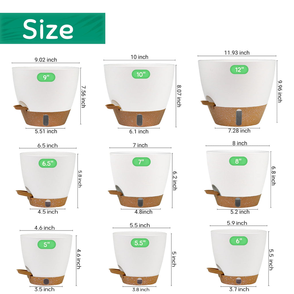 FIASON 9 Pack Plastic 5/5.5/6/6.5/7/8/9/10/12 Inch White with Brown Self Watering Plant Pots,Include Watering Lip,Drainage Holes & Removable Saucer for Indoor Outdoor Use