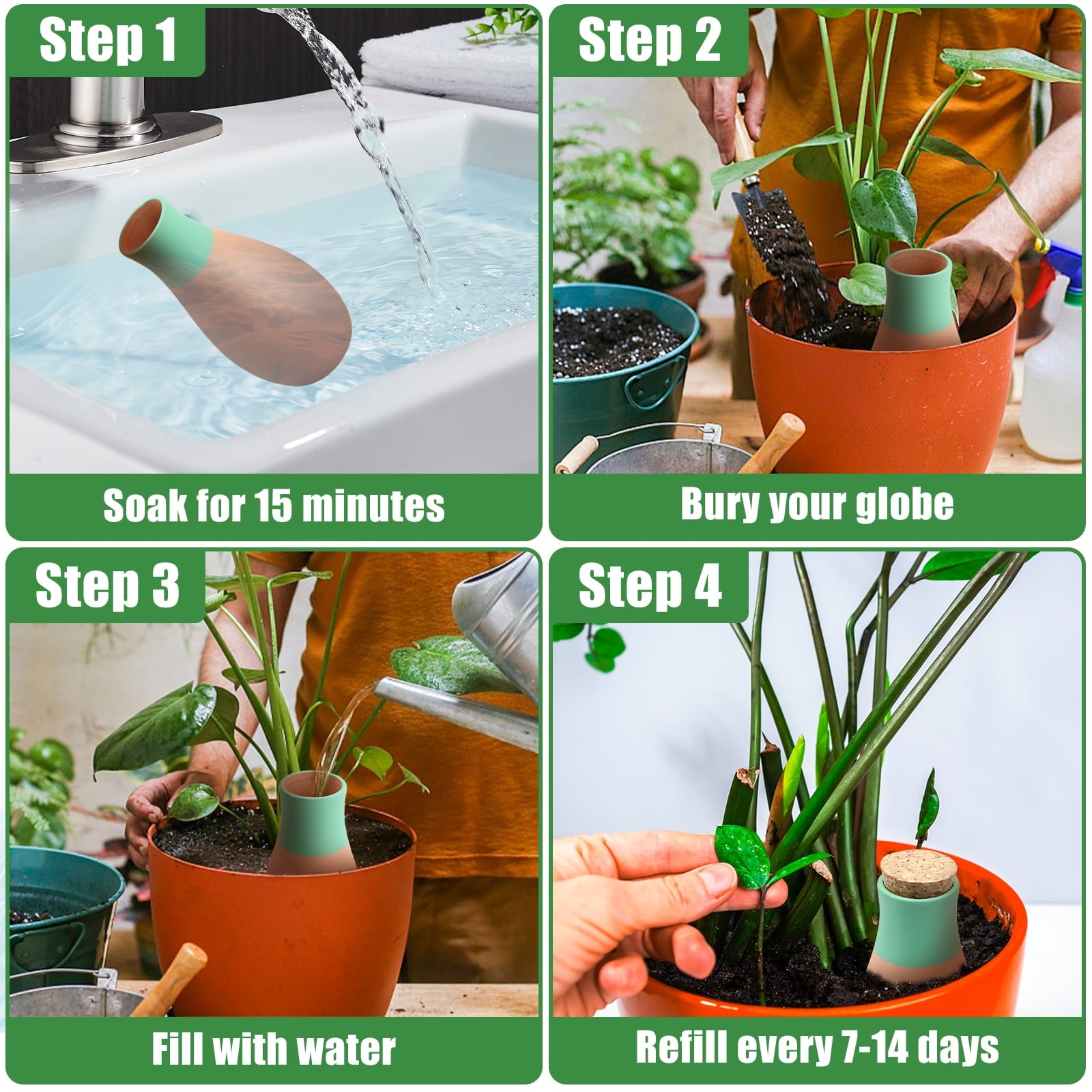 4 Pcs Ollas Terracotta Watering Pots Large, Self Watering Planter Insert Olla Watering System for 1-Week Easy to Refill, Clay Plant Watering Globes for Outdoor & Indoor Plants