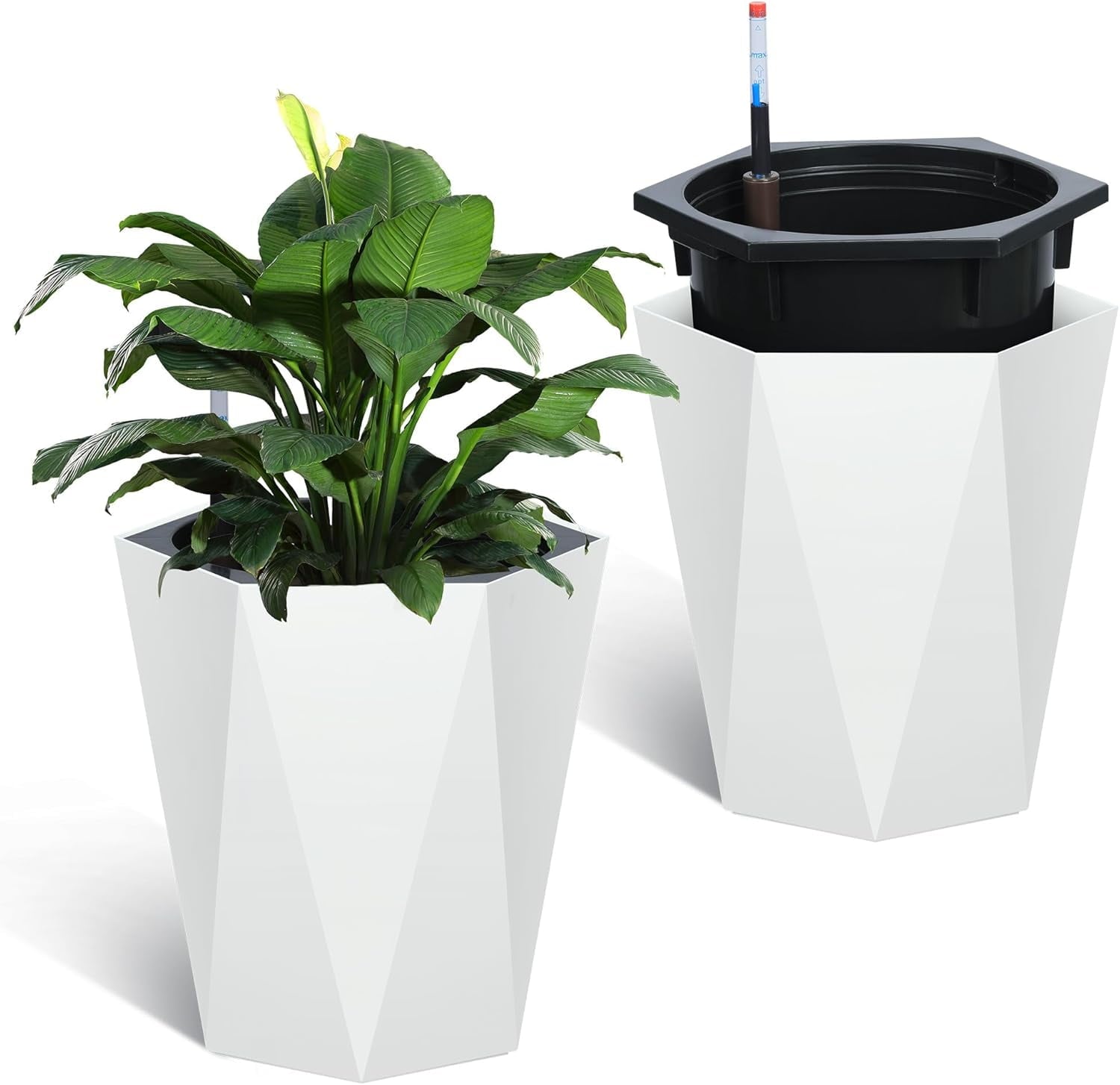 Riedhoff 16" Tall Self-Watering Planter Pots Set of 2, Water Level Monitor, Drainage Holes, White