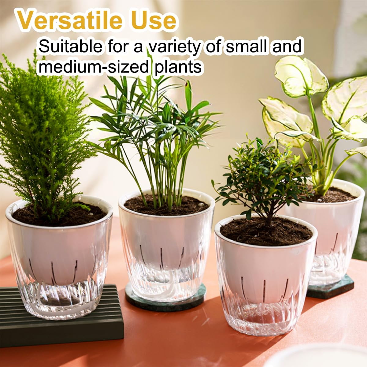 4Pcs Self Watering Planters, 4.53inch Transparent Flower Pots for Indoor Plants, Perfect for African Violet, Monstera, Succulents, Herbs & Decorative Flowers(Style 1)