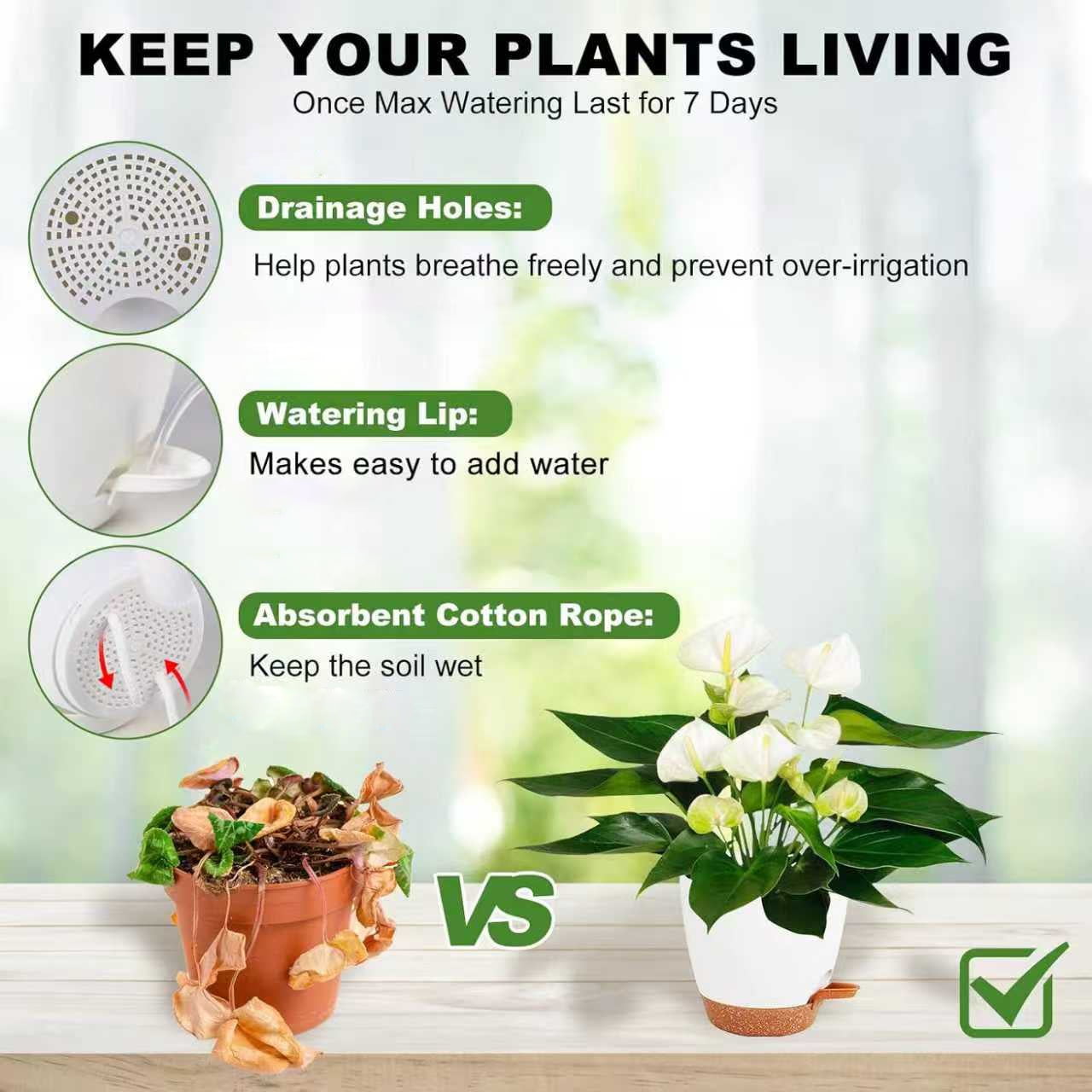 Plant Pots 7/6.5/6/5.5/5 Inch Self Watering Planters with Drainage Hole, Plastic Flower Pots, Nursery Planting Pot for All House Plants, Succulents,Snake Plant, African Violet, Flowers,White