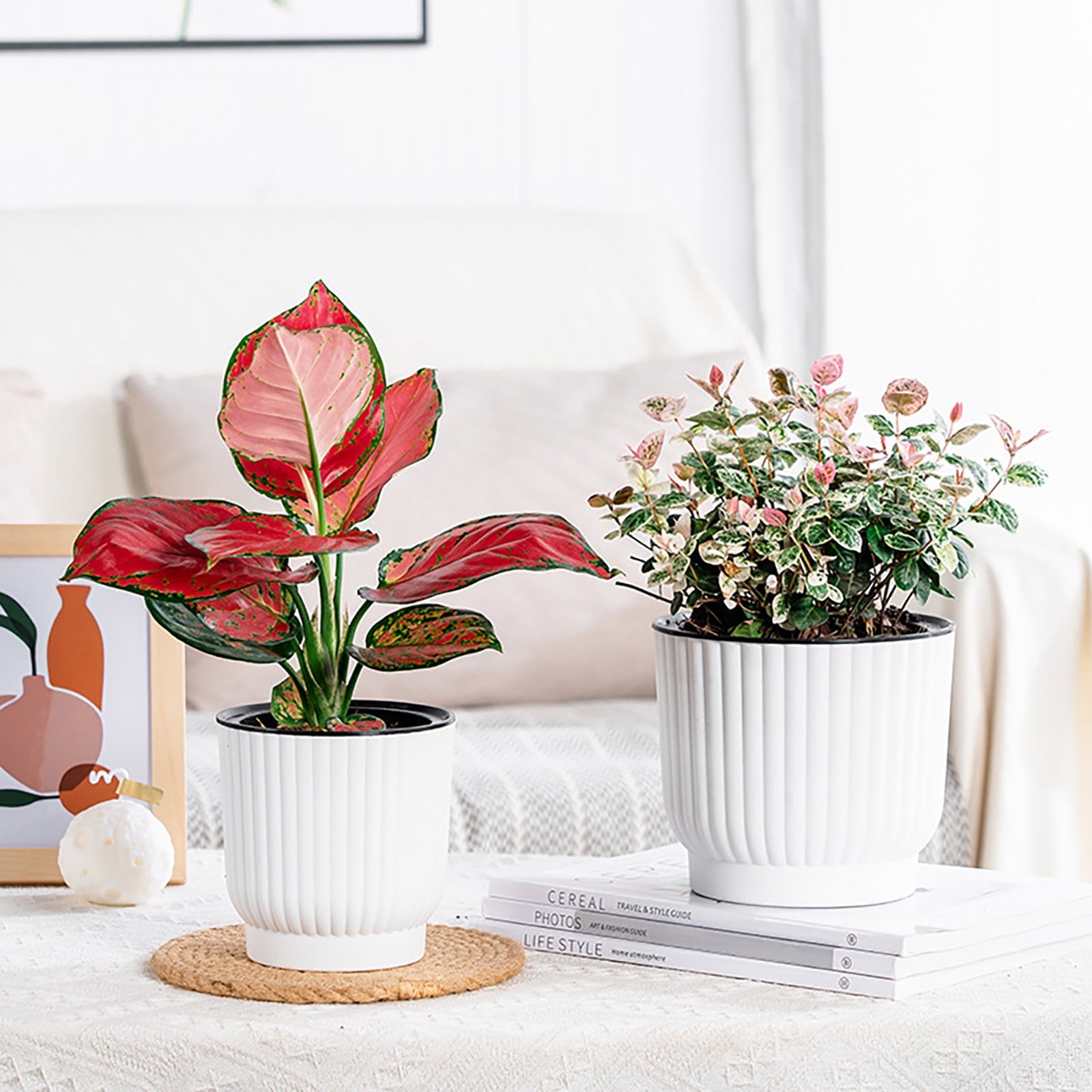 M Medium Self Watering Planter Round Resin Flower Pot With Vertical Pattern For Succulents Roses Tabletop Indoor Plants