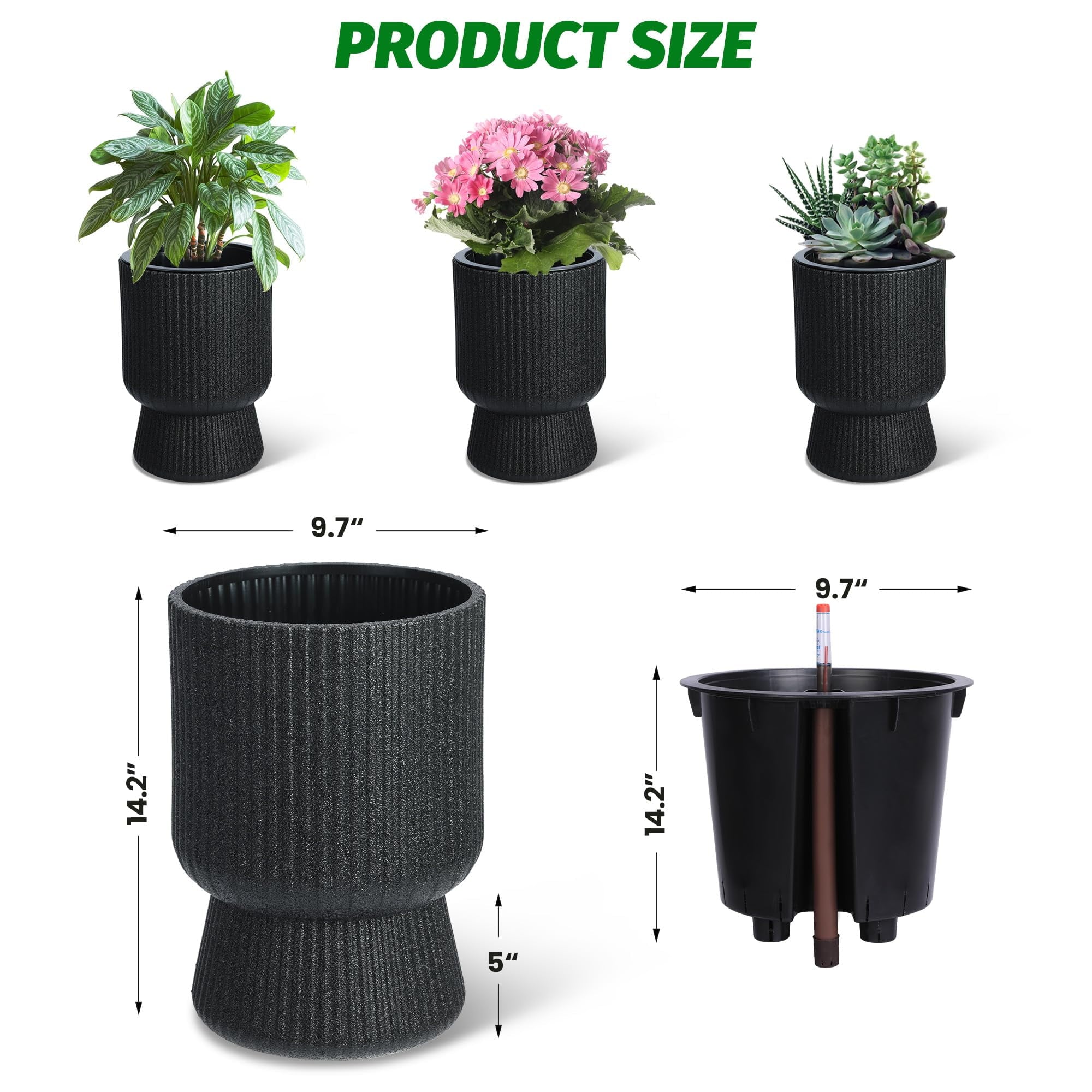 Set of 2 Self Watering Planter Indoor Outdoor, Self Watering Plant Pot, Thickened Large Floor Standing Flower Plant Pot with Water Level Monitor