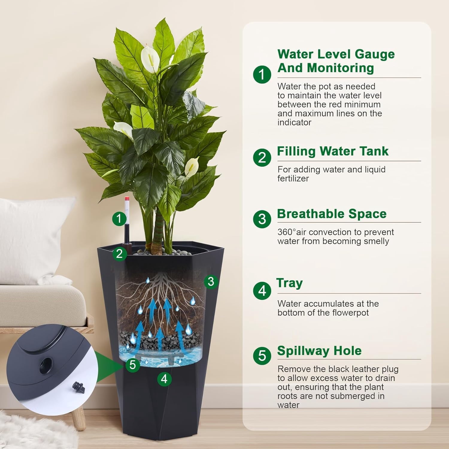 23 Inch Tall Outdoor Planters Set of 2, Self Watering Pots for Indoor Plants with Water Level Monitor & Drainage Hole & Wheels,Black