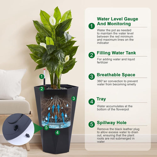 23 Inch Tall Outdoor Planters Set of 2, Self Watering Pots for Indoor Plants with Water Level Monitor & Drainage Hole & Wheels,Black