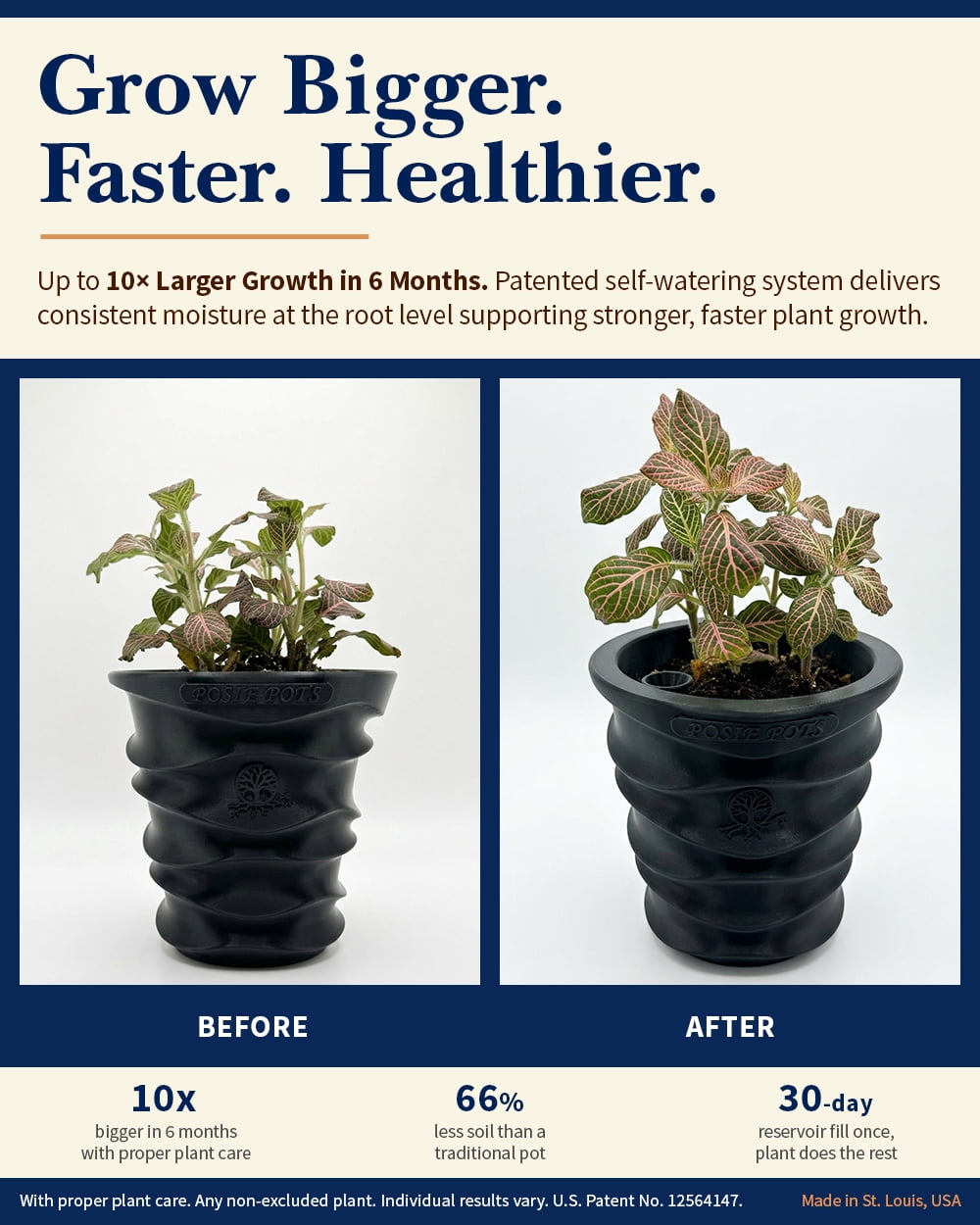 Posie Pot 7 inch, Large, Black Wave Self Watering Planter, 3D printed