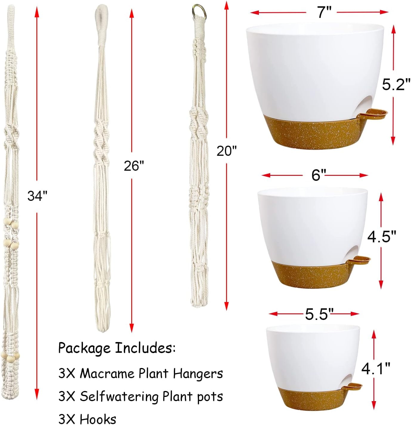 Bamworld Hanging Planters with Macrame Plant Hangers for Indoor Outdoor Plants 3 Set Self Watering Pots Hanging Baskets Flower Pot Holders 3 Different Size