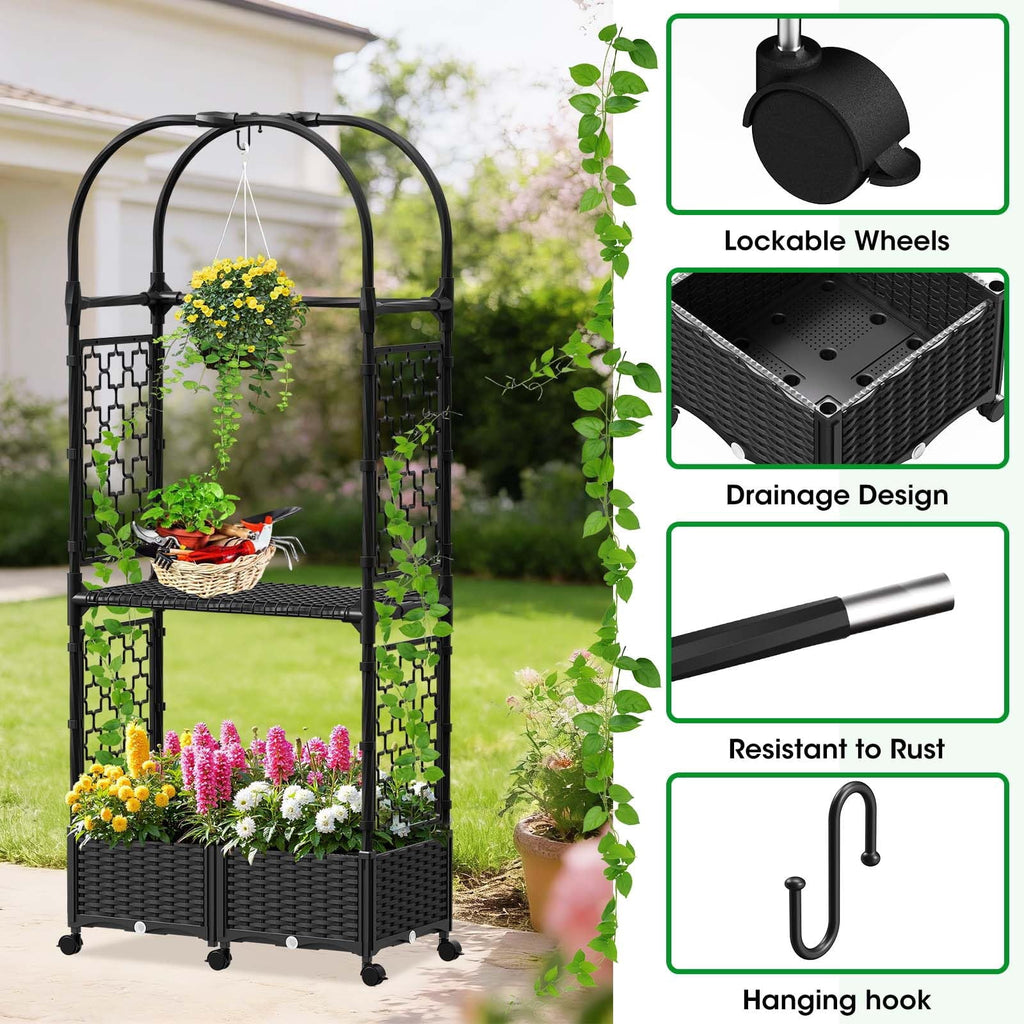 Rose Planter Box with Trellis, 63in Self Watering Raised Garden Bed with Wheels, Storage Shelf & Drainage Holes for Climbing Plants, Tomatoes, Vegetables, Indoor Outdoor Patio Garden