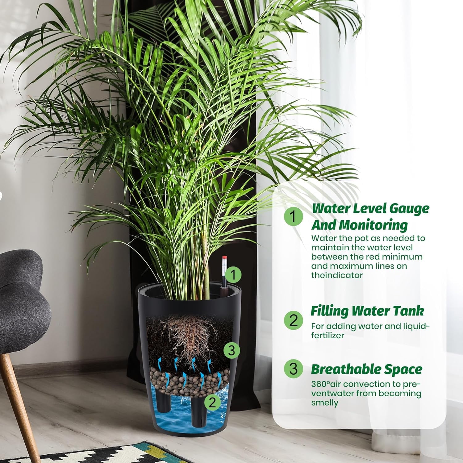 Set of 2 Tall Planters for Outdoor Plants, 16in Large Planters with Water Level Monitor ＆ Inner Bucket, Automatic Watering, for Porch, Patio, Backyard