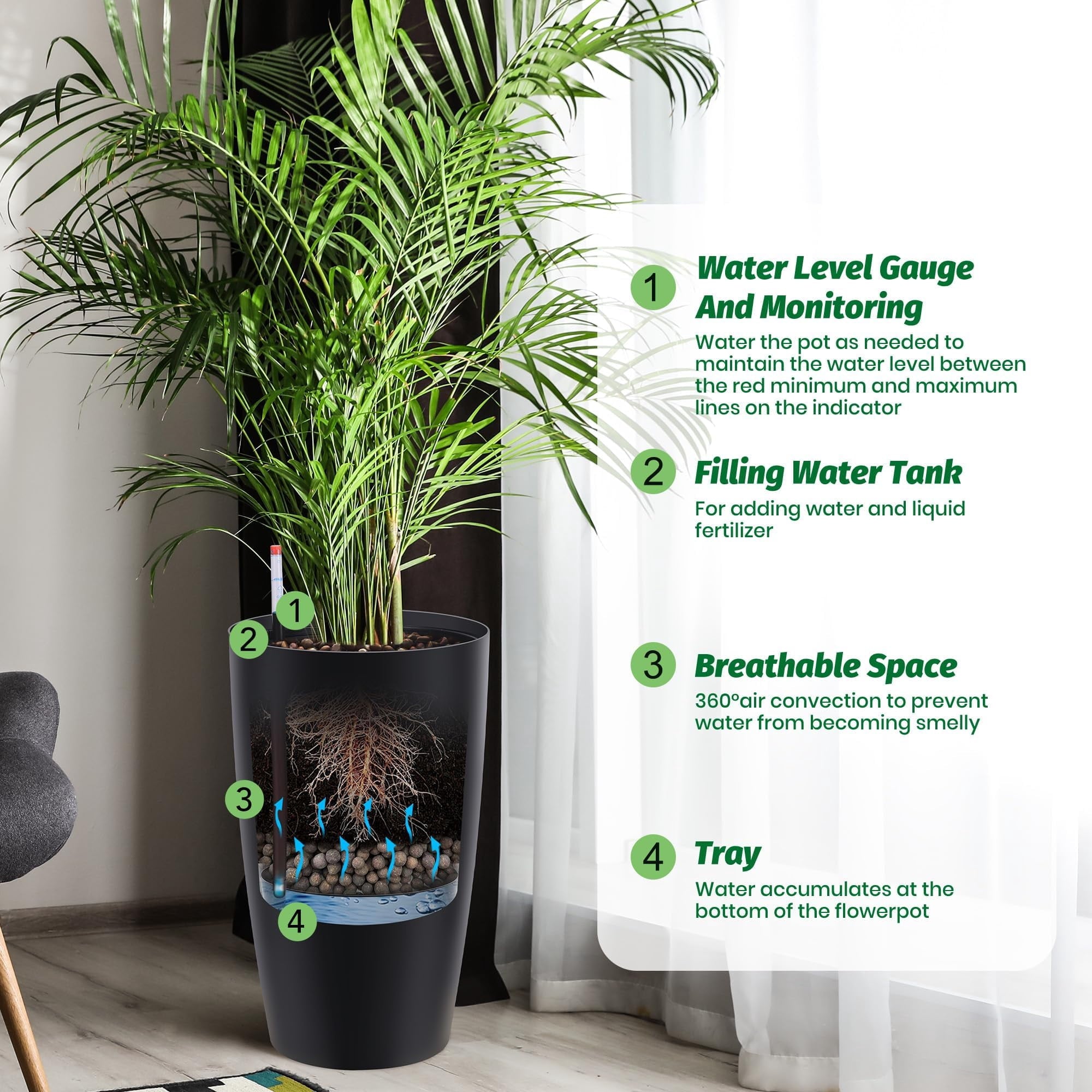 22" Tall Planters Set of 2,Outdoor Indoor Self Watering Pots with Built-in Drainage & Water Level Monitor,Perfect for Patio, Balcony, Living Room