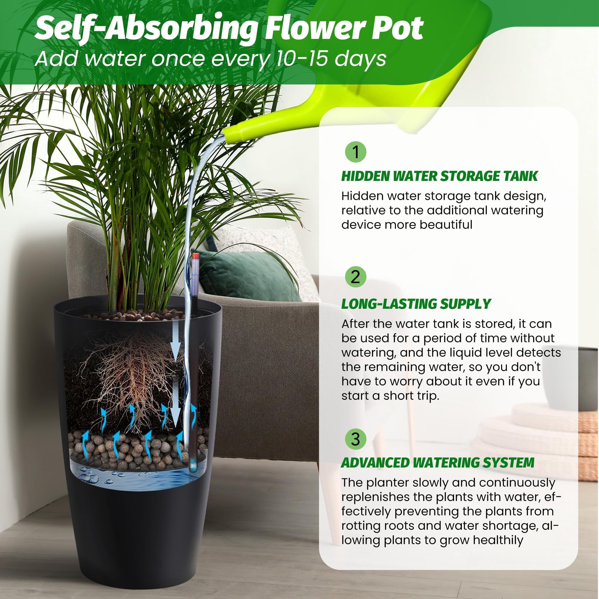 22" Tall Planters Set of 2,Outdoor Indoor Self Watering Pots with Built-in Drainage & Water Level Monitor,Perfect for Patio, Balcony, Living Room