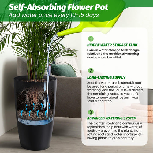 22" Tall Planters Set of 2,Outdoor Indoor Self Watering Pots with Built-in Drainage & Water Level Monitor,Perfect for Patio, Balcony, Living Room