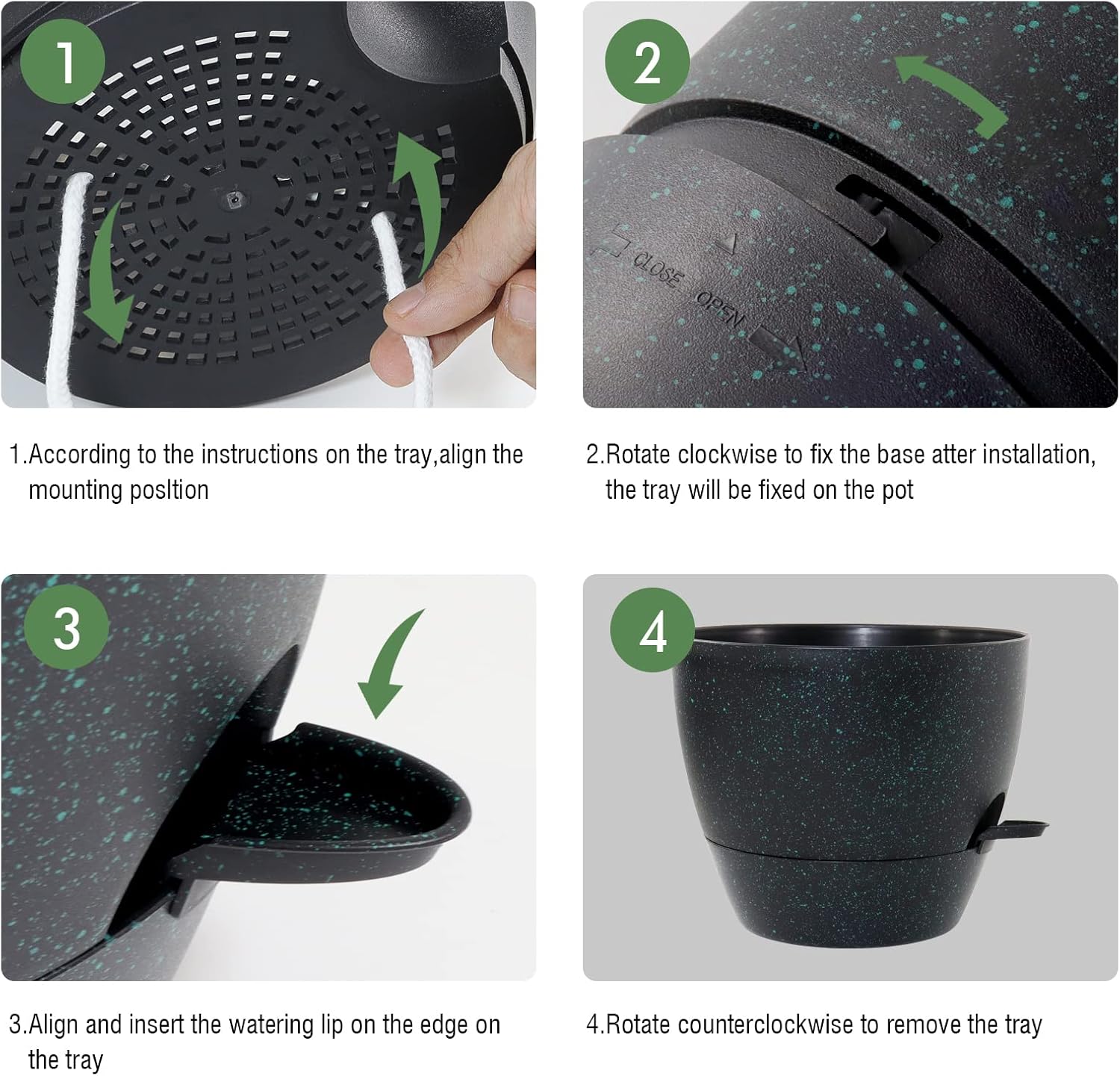 12inch 2Pack Large Self Watering Planters, Plastic Plant Pots with 60oz Removable Deep Reservoir and Multi Mesh Drainage Holes for Indoor Outdoor Garden Plants and Flowers, Black with Green Speckles