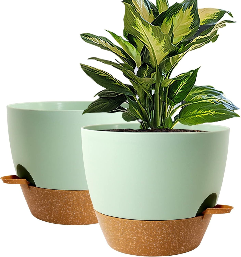 10 inch Self Watering Planters, 2 Pack Large Plastic Plant Pots with Deep Reservior and High Drainage Holes for Indoor Outdoor Plants and Flowers, Black with Terracotta