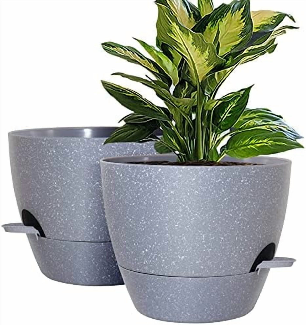 10 inch Self Watering Planters, 2 Pack Large Plastic Plant Pots with Deep Reservior and High Drainage Holes for Indoor Outdoor Plants and Flowers, Speckled Grey