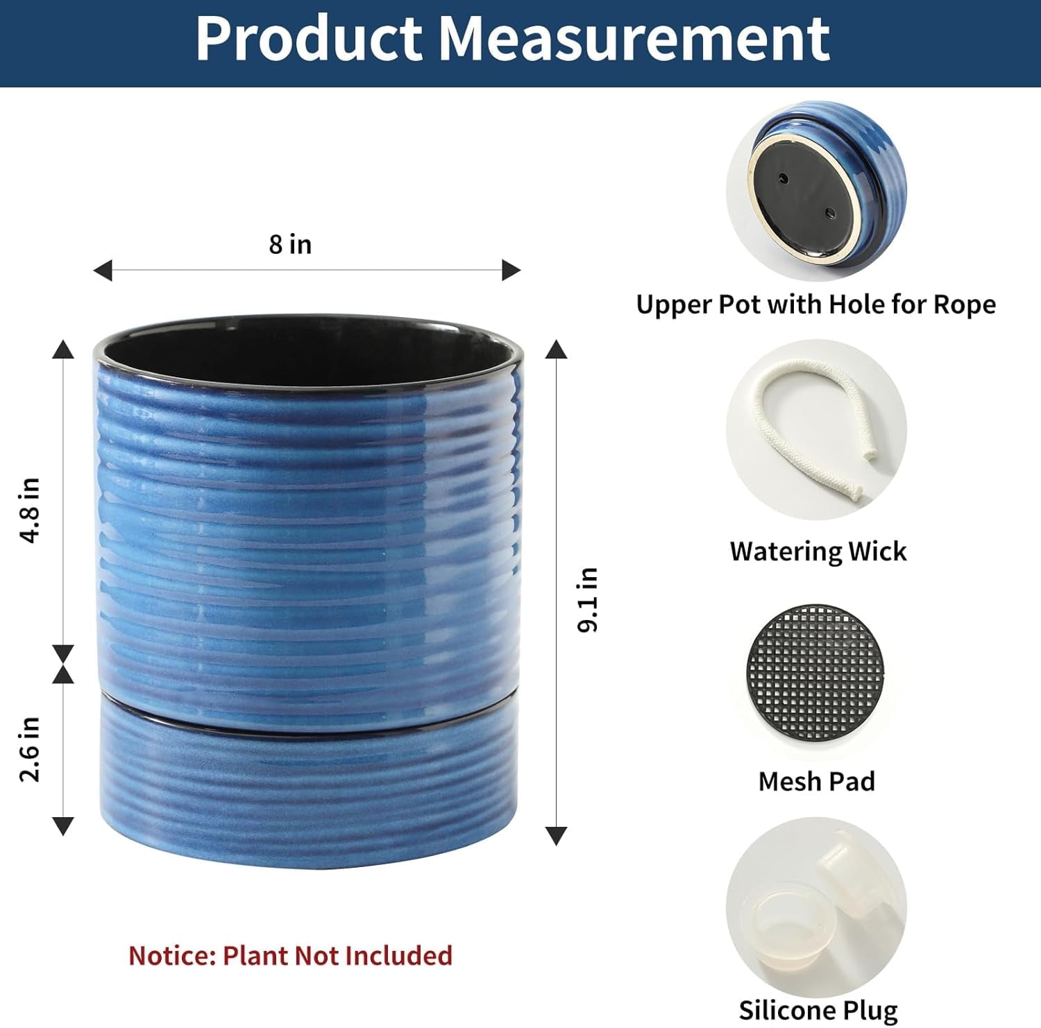 Large Self Watering Plant Pot, 8 Inch Porcelain Planter with Drainage Hole and Water Storage Plus for Outdoor & Indoor House Plants and Garden, Round Flower Pots for Home or Office Decor, Blue