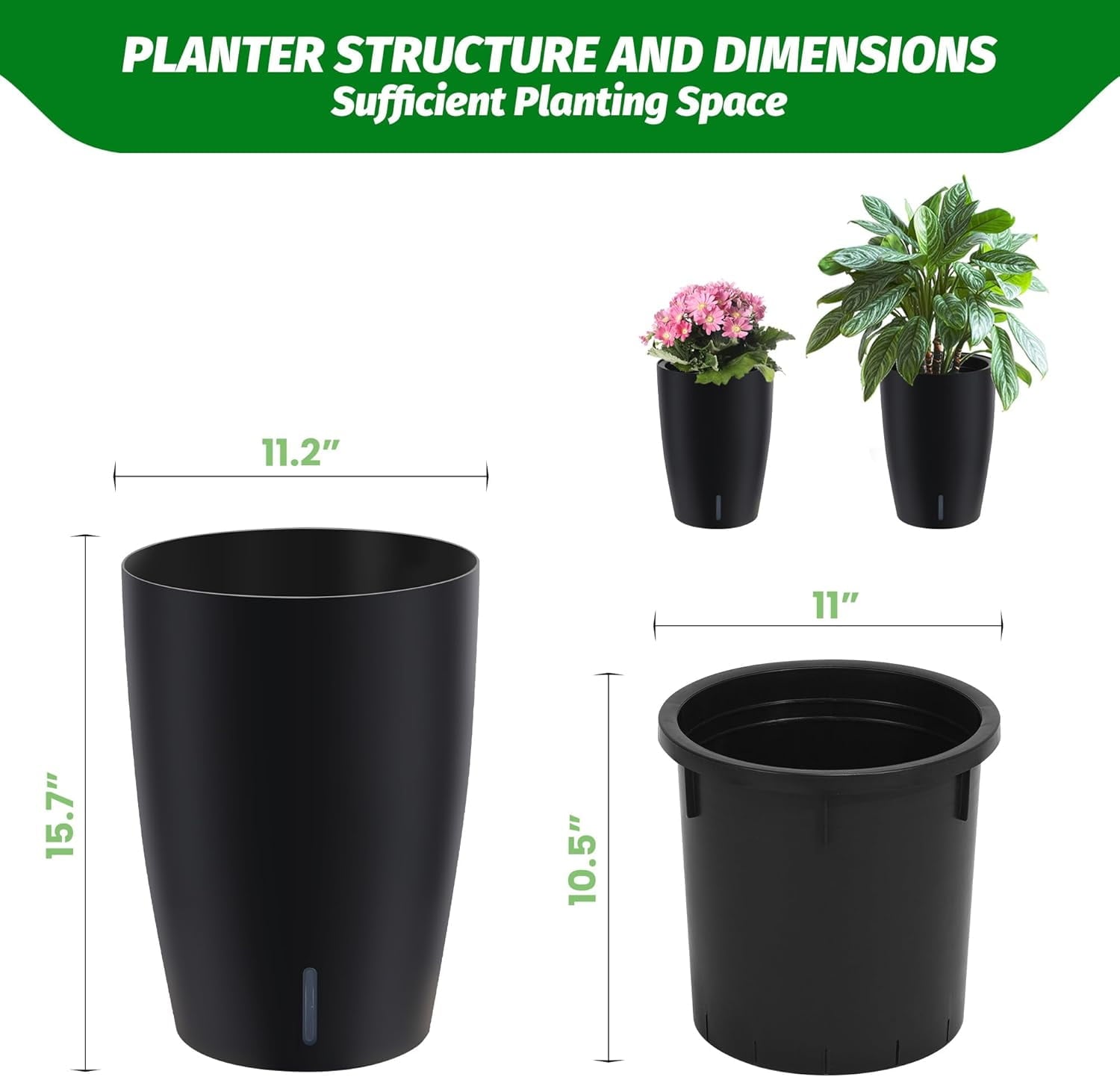 Acekid 16" Tall Planters Set of 2, Plant Pots, Self Watering Pots for Indoor Plants, Flower Pots With Built-In Drainage and Visual Water Level Design, for Patio, Porch, Living Room