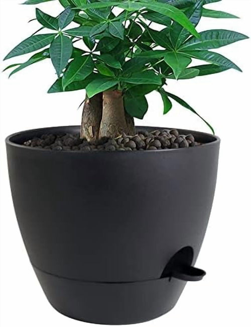 12 inch Large Self Watering Pots, Plastic Planters with 60oZ Removable Deep Reservoir and Multi Mesh Drainage Holes for Indoor Outdoor Garden Plants and Flowers, Black