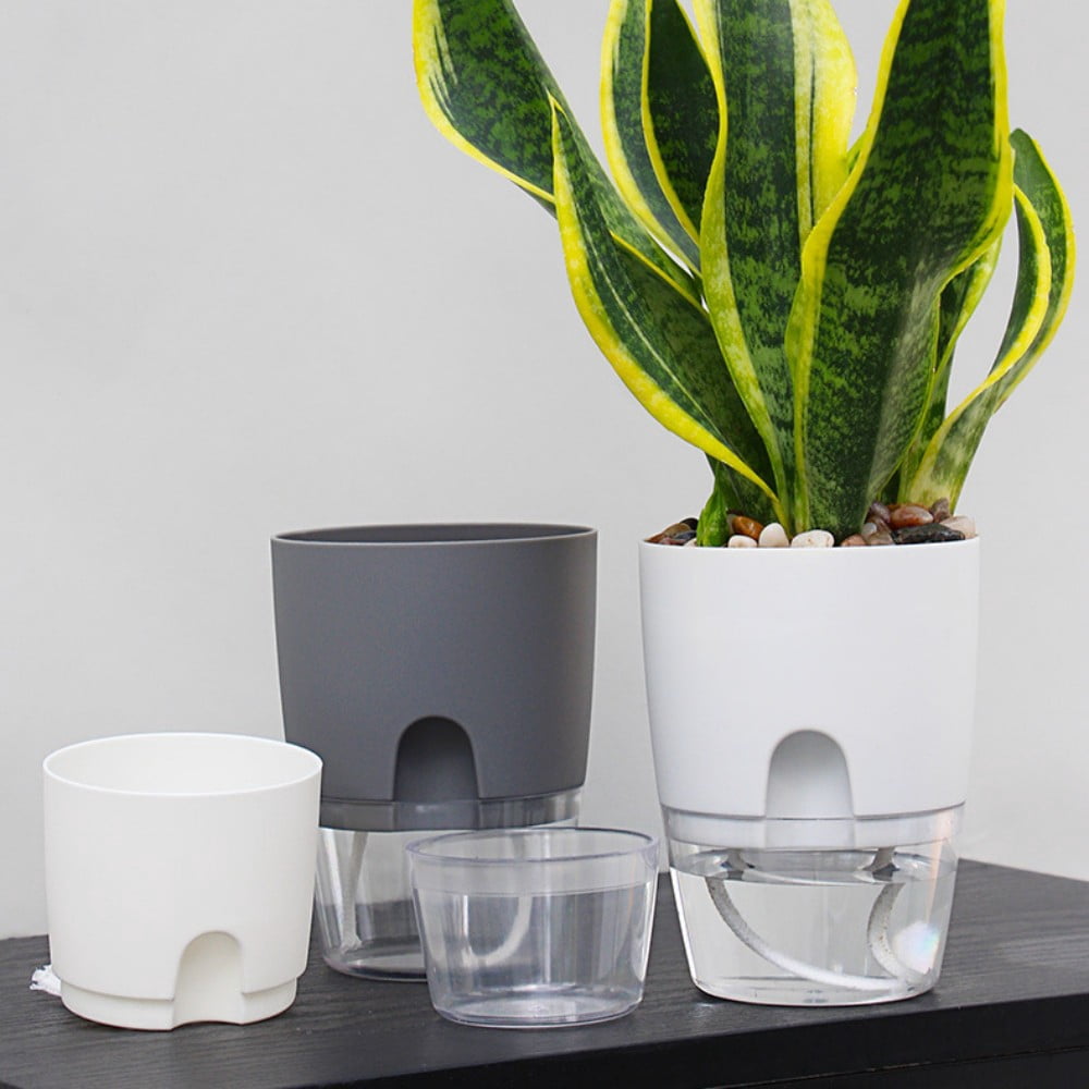 Trianu Self Watering Planter for Indoor Plants, 6 inch Clear Plastic Violet Flower Pots, Round Watering Plant Pot for Plants, Orchid, Succulents, Herbs, White