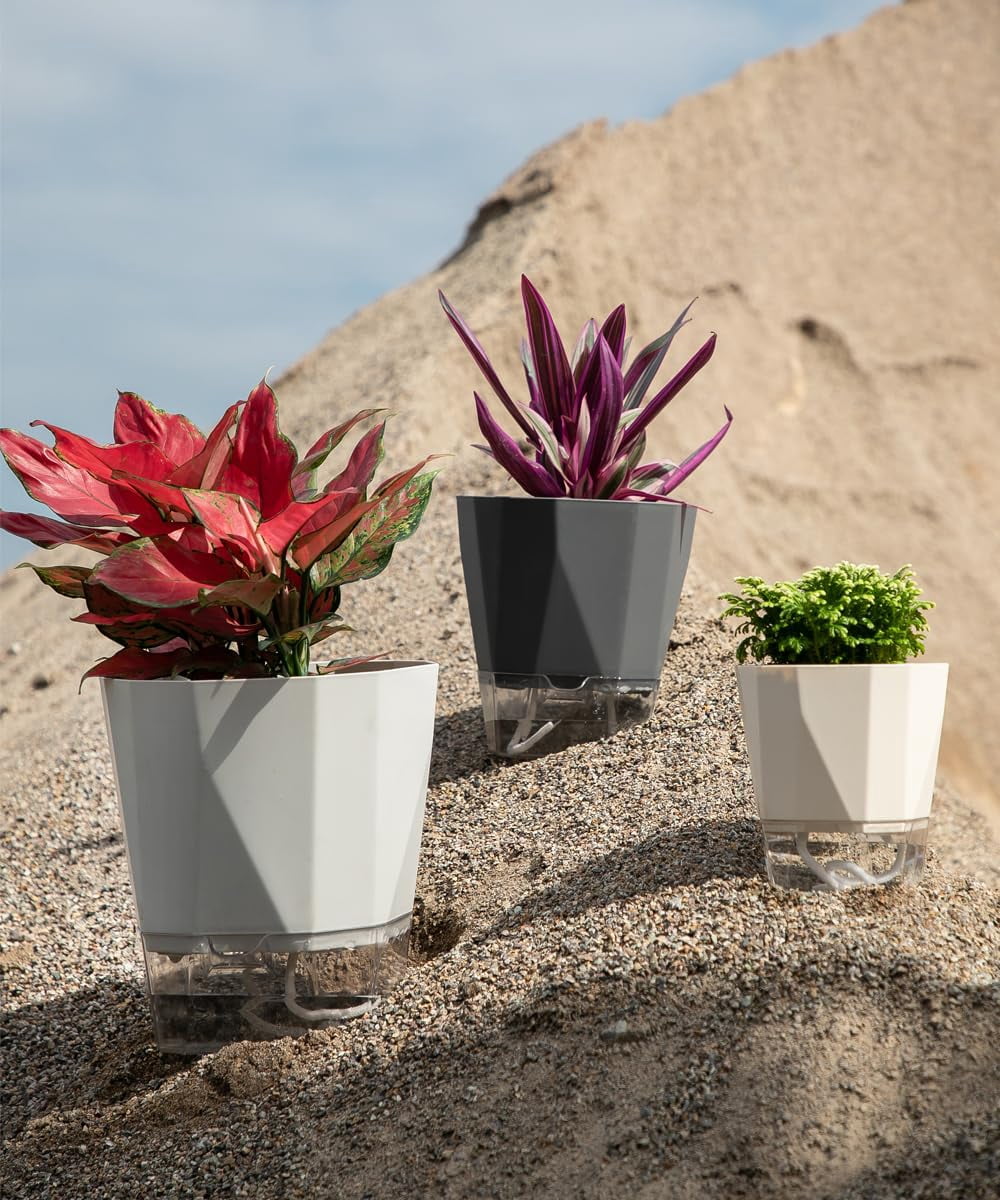 MODANU 4 Pack Self Watering Plant Pots Self Watering Planters for Indoor and Outdoor Plants African Violet 4.7" Self Watering Pots Clear Pots for Plants Herb Orchid Flower Houseplant Pots, Grey