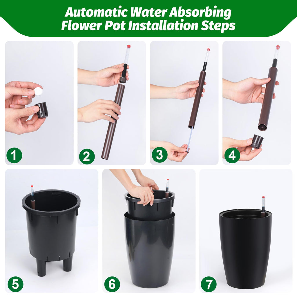 16 Inch Tall Black Planters Set of 4, Self Watering Flower Pots with Drainage System & Water Level Monitor for Indoor Outdoor Patio Home Office Plants