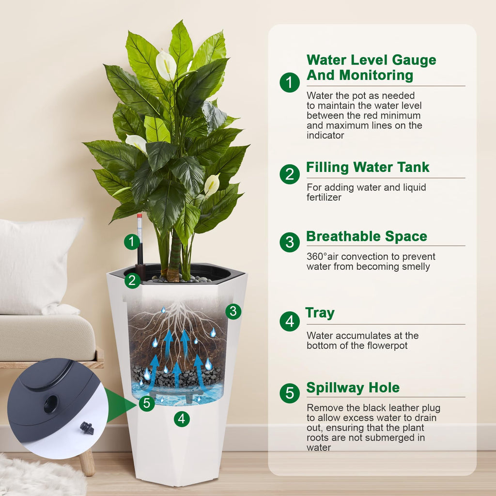 23 Inch Tall Outdoor Planters Set of 2, Self Watering Pots for Indoor Plants with Water Level Monitor & Drainage Hole & Wheels, Large Planter Pots for Garden, Patio, Balcony, White