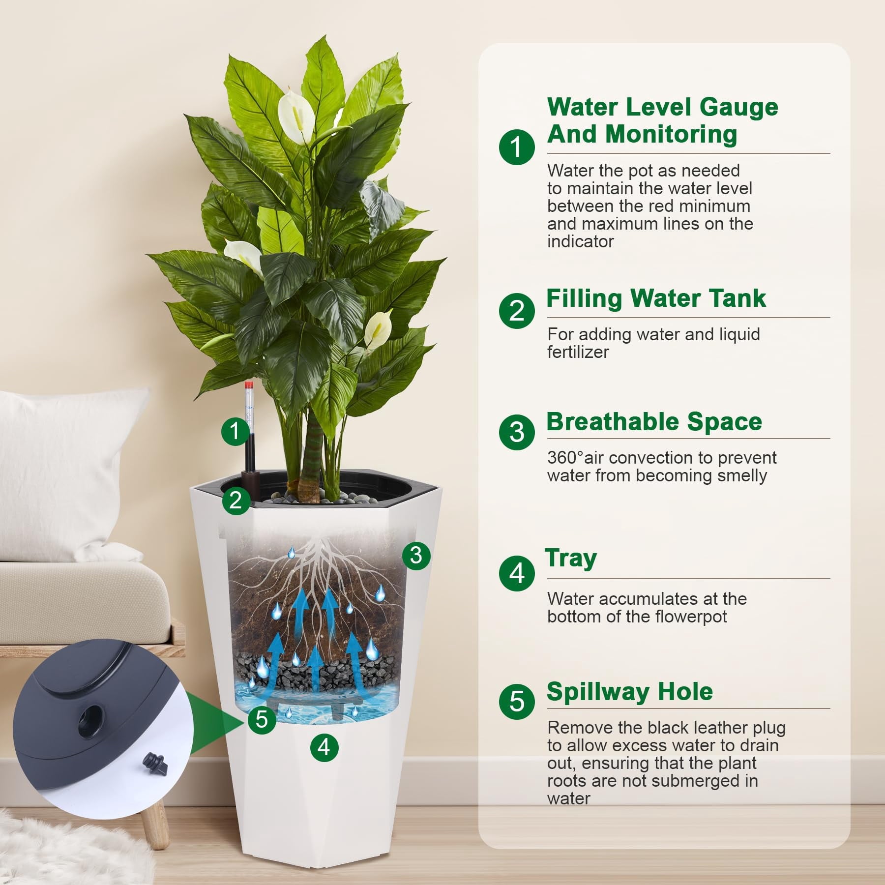 23 Inch Tall Outdoor Planters Set of 2, Self Watering Pots for Indoor Plants with Water Level Monitor & Drainage Hole & Wheels, Large Planter Pots for Garden, Patio, Balcony, White