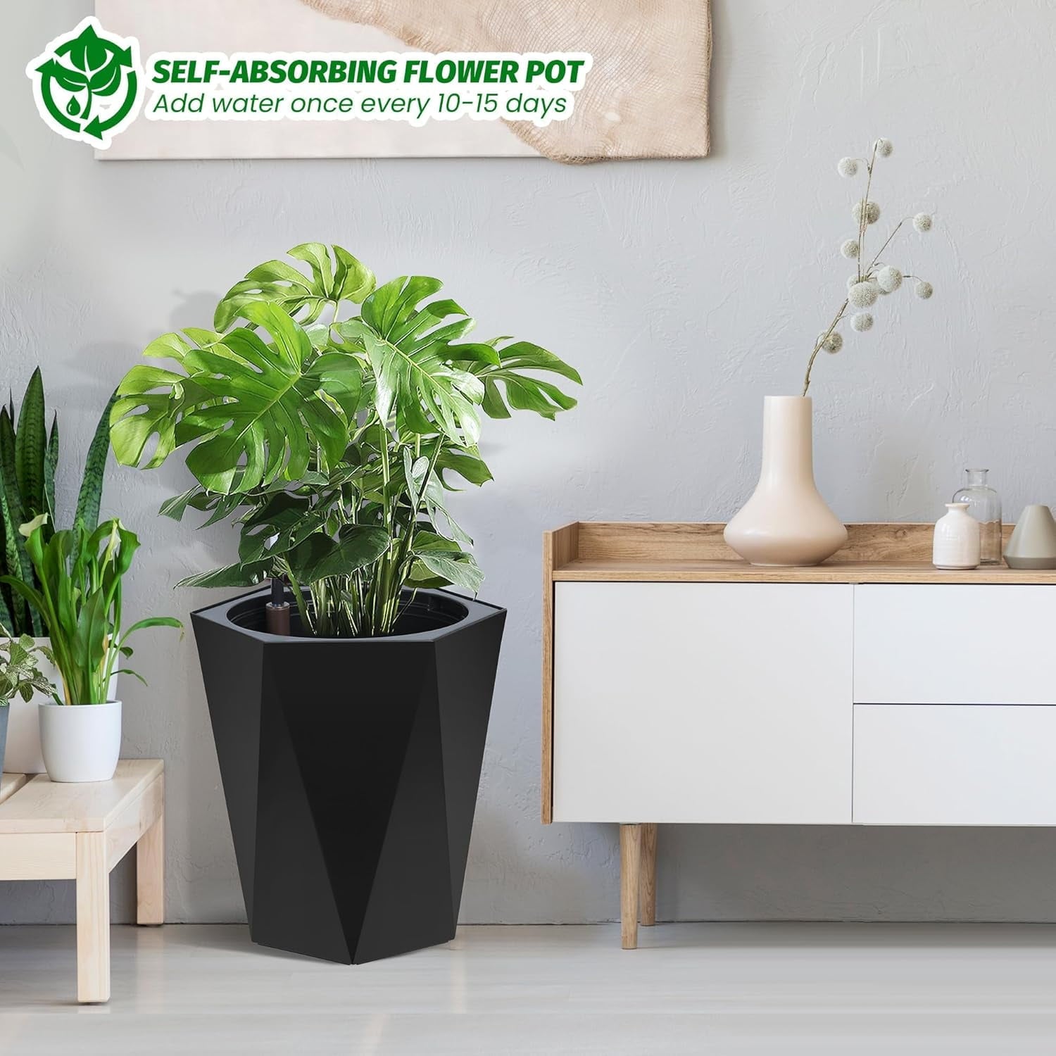 TEQIN 22.5 Inch Tall Planters Set of 2, Self Watering Pots,Large Flower Pot Outdoor and Indoor, with 2 Trays and a Water Level Monitor and Wheels Large Tapered Pots for Patio, Porch, or Home Office