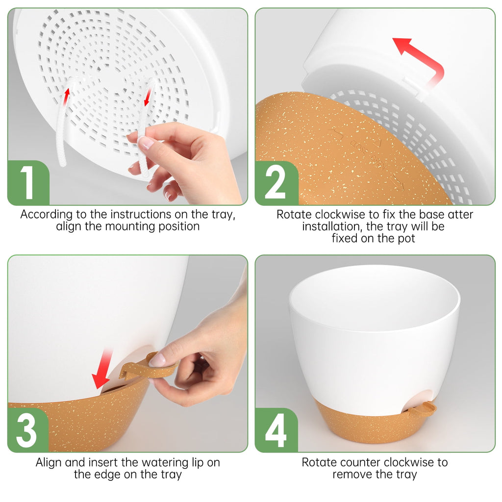 FIASON 9 Pack Plastic 5/5.5/6/6.5/7/8/9/10/12 Inch White with Brown Self Watering Plant Pots,Include Watering Lip,Drainage Holes & Removable Saucer for Indoor Outdoor Use