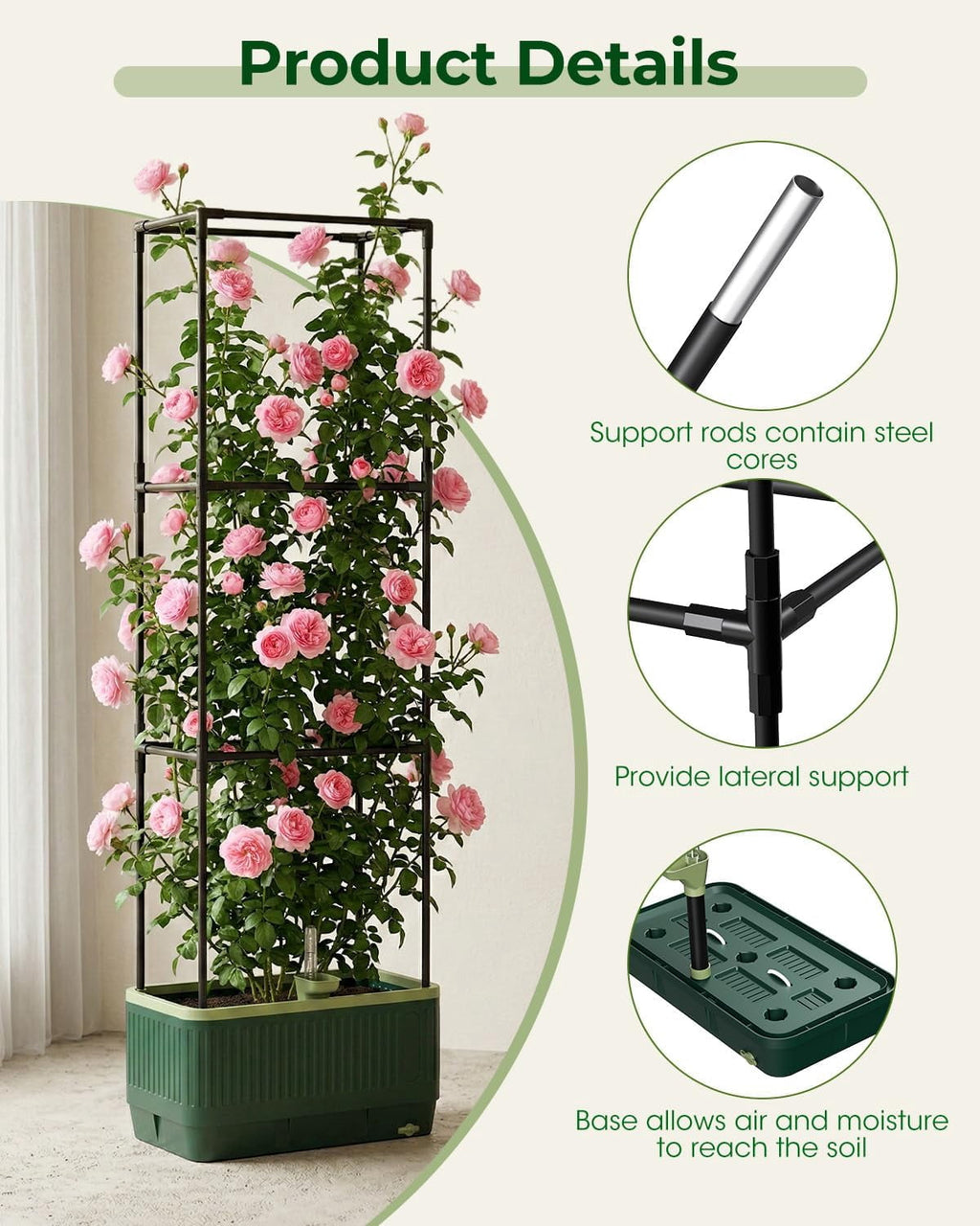 51" Self Watering Planter Box with Trellis, Tomato Cage with Water Level Indicator, Indoor Outdoor Raised Garden Bed