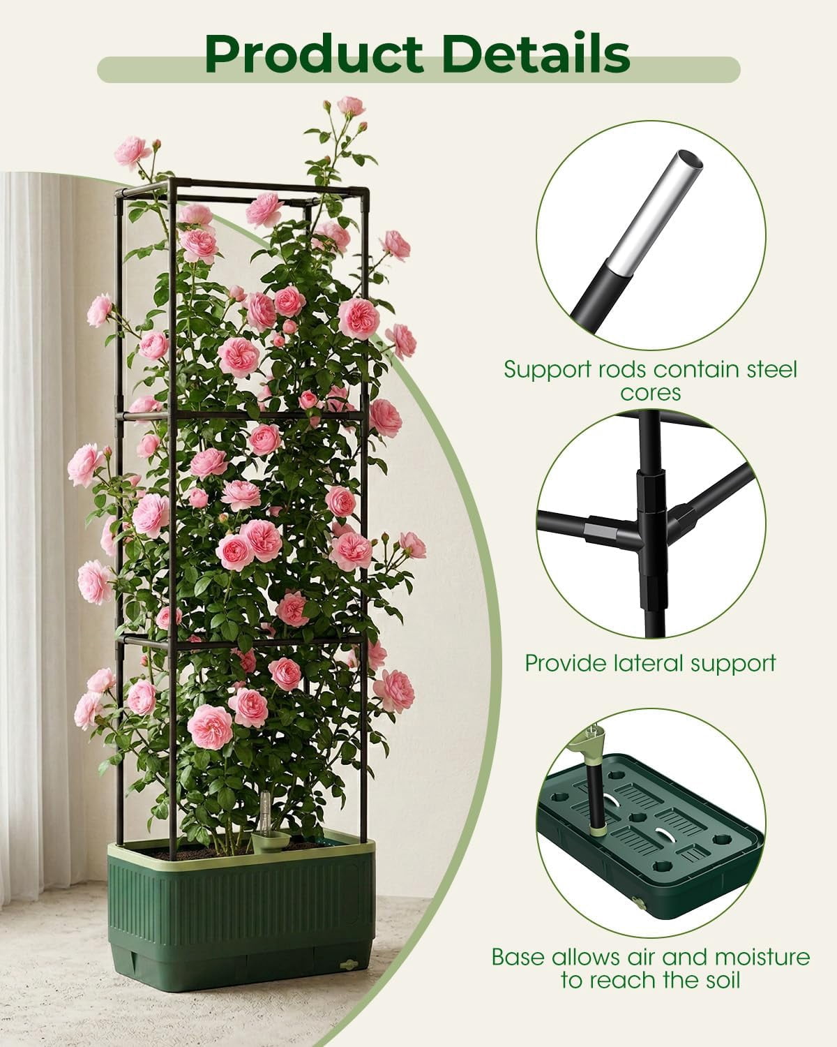 51" Self Watering Planter Box with Trellis, Tomato Cage with Water Level Indicator, Indoor Outdoor Raised Garden Bed