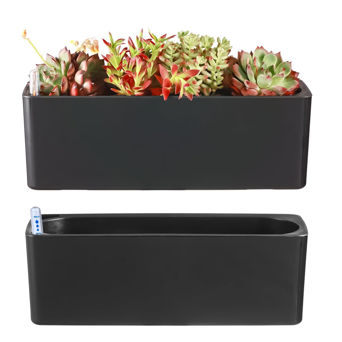 2 Pack Rectangular Self Watering Planters 15.6 x 5.4 in Indoor Plastic Window Sill Plant Pots with Drainage Holes Black