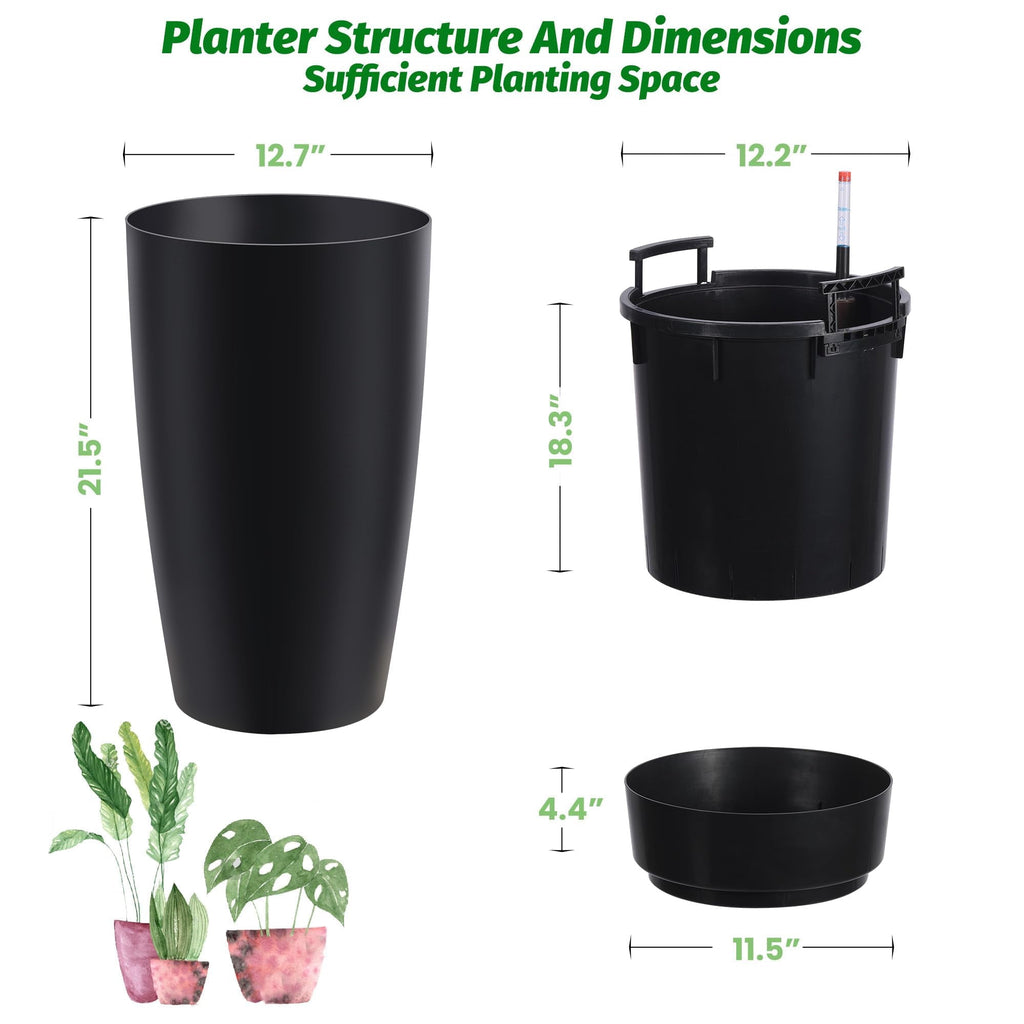 22" Tall Planters Set of 2,Outdoor Indoor Self Watering Pots with Built-in Drainage & Water Level Monitor,Perfect for Patio, Balcony, Living Room