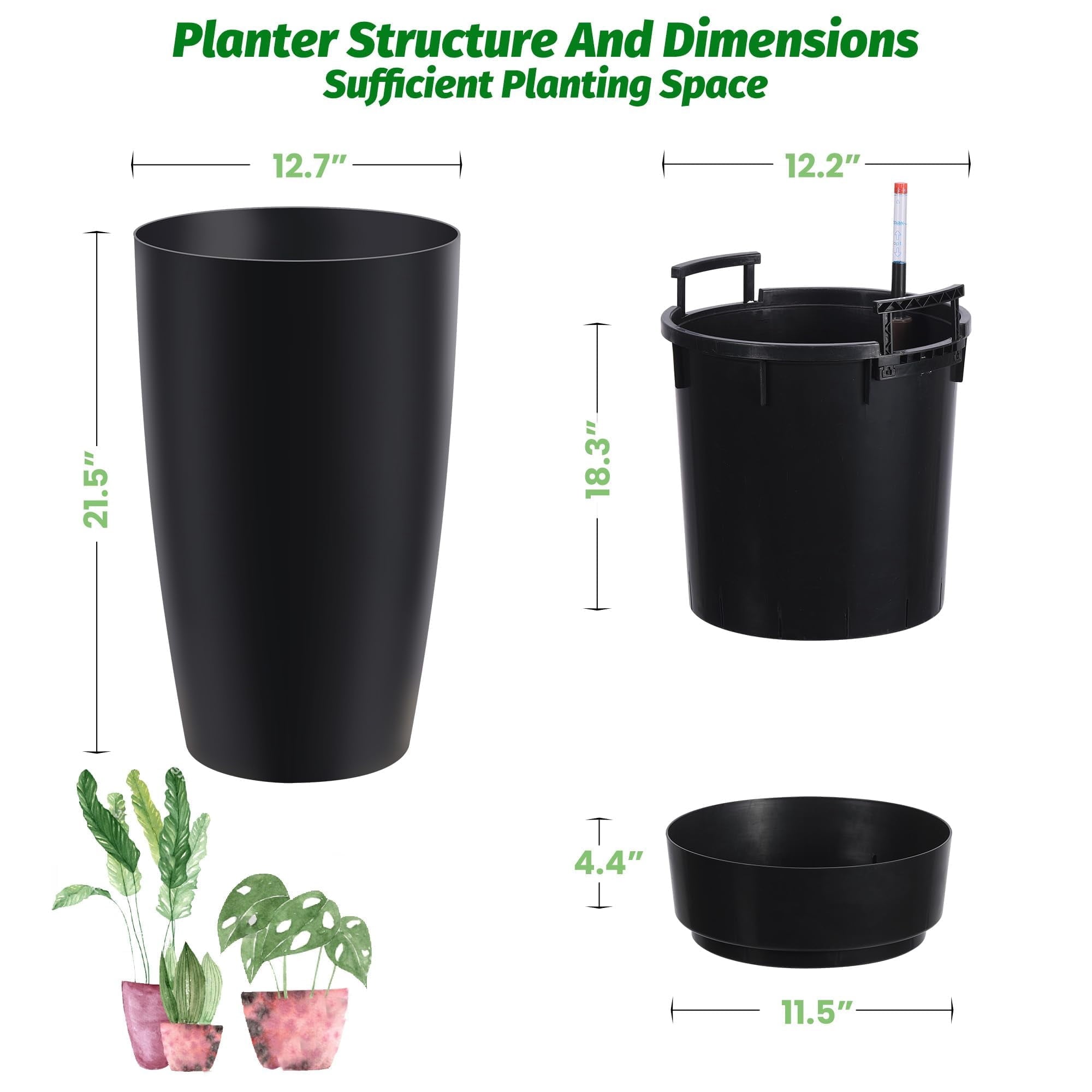 22" Tall Planters Set of 2,Outdoor Indoor Self Watering Pots with Built-in Drainage & Water Level Monitor,Perfect for Patio, Balcony, Living Room