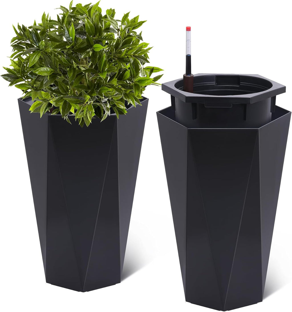 23 Inch Tall Outdoor Planters Set of 2, Self Watering Pots for Indoor Plants with Water Level Monitor & Drainage Hole & Wheels,Black