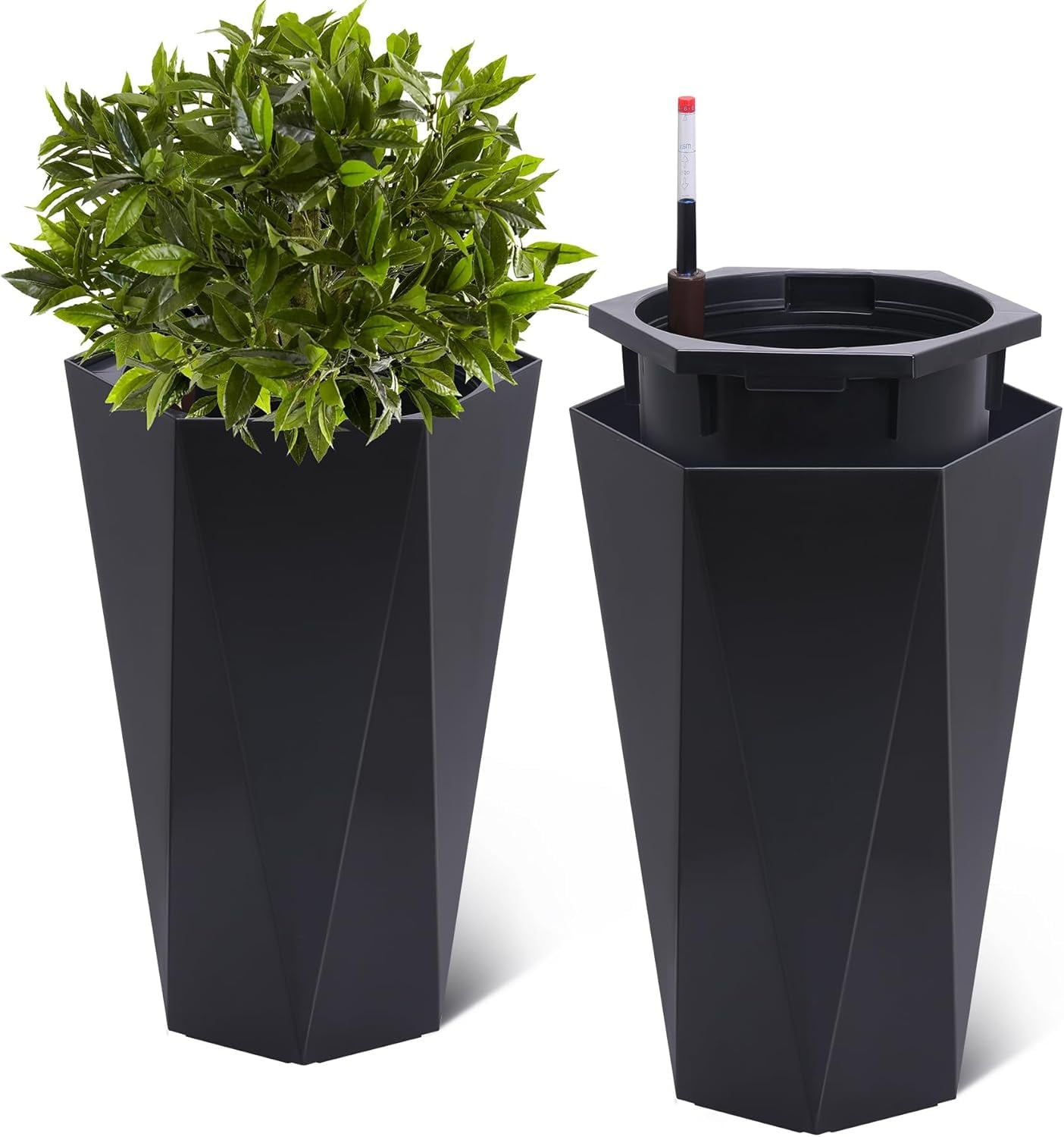 23 Inch Tall Outdoor Planters Set of 2, Self Watering Pots for Indoor Plants with Water Level Monitor & Drainage Hole & Wheels,Black