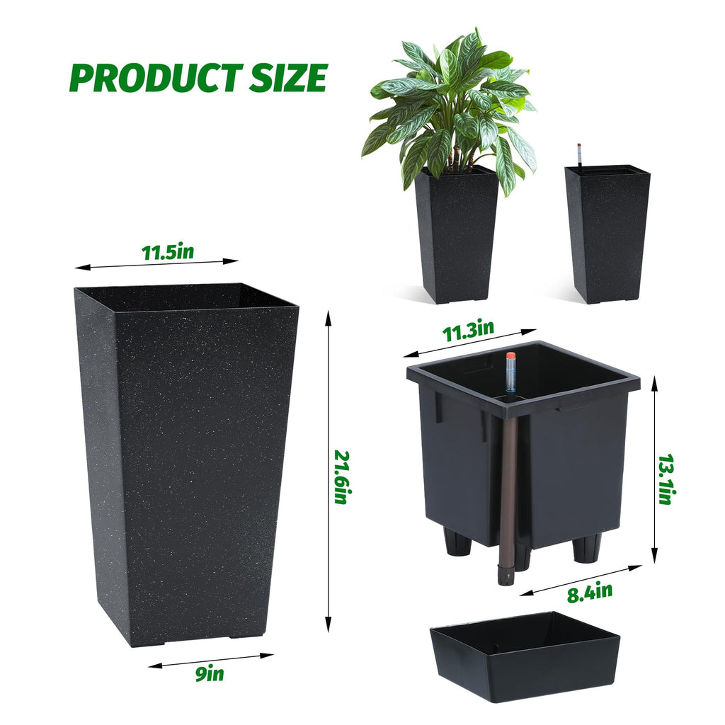Large Indoor Plant Pot Set of 2, Self Watering Plant Pot, High Front Porch Planter Pots with Drainage Holes＆Water Level Monitor Movable Wheels ＆Inner Bucket, Automatic Watering