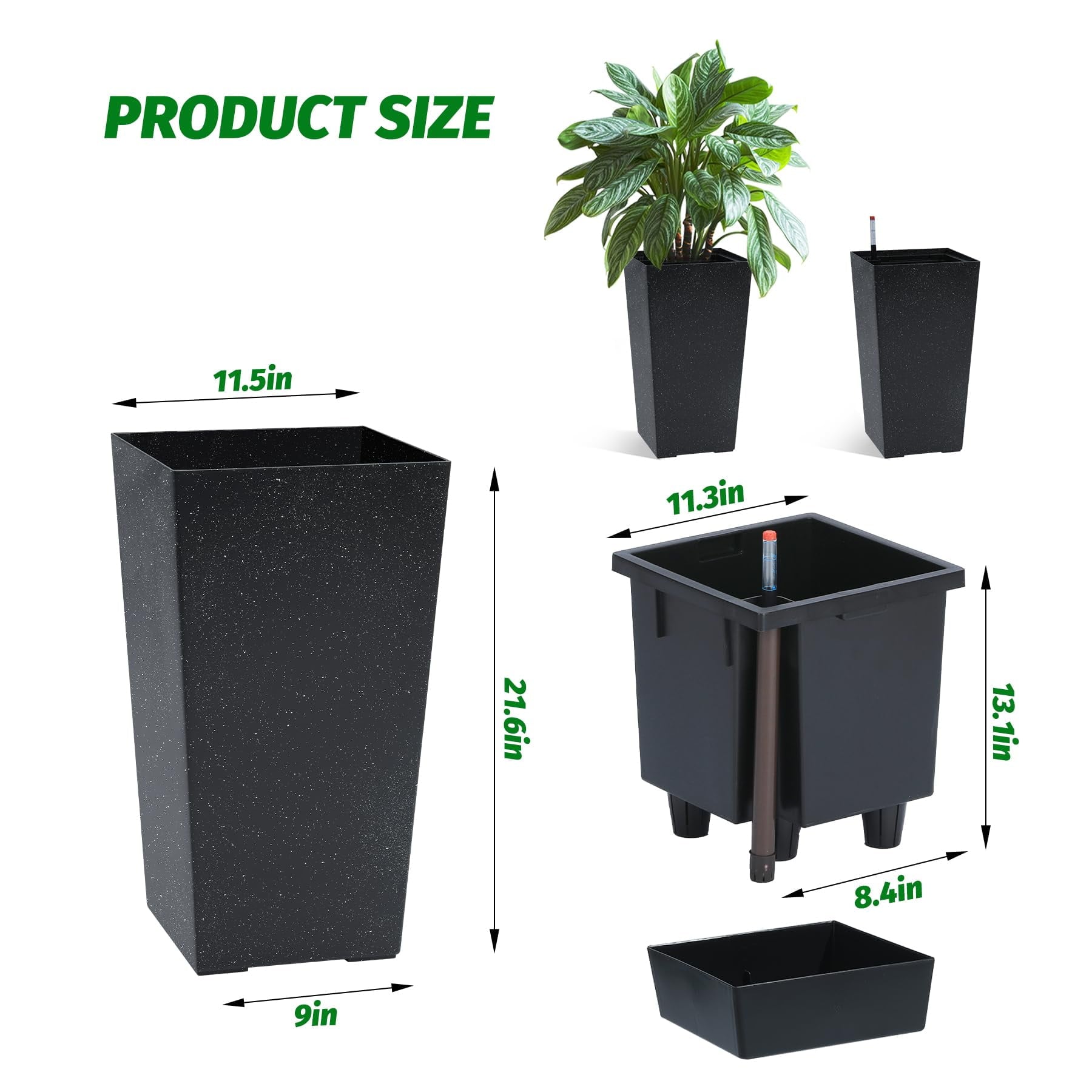 Large Indoor Plant Pot Set of 2, Self Watering Plant Pot, High Front Porch Planter Pots with Drainage Holes＆Water Level Monitor Movable Wheels ＆Inner Bucket, Automatic Watering