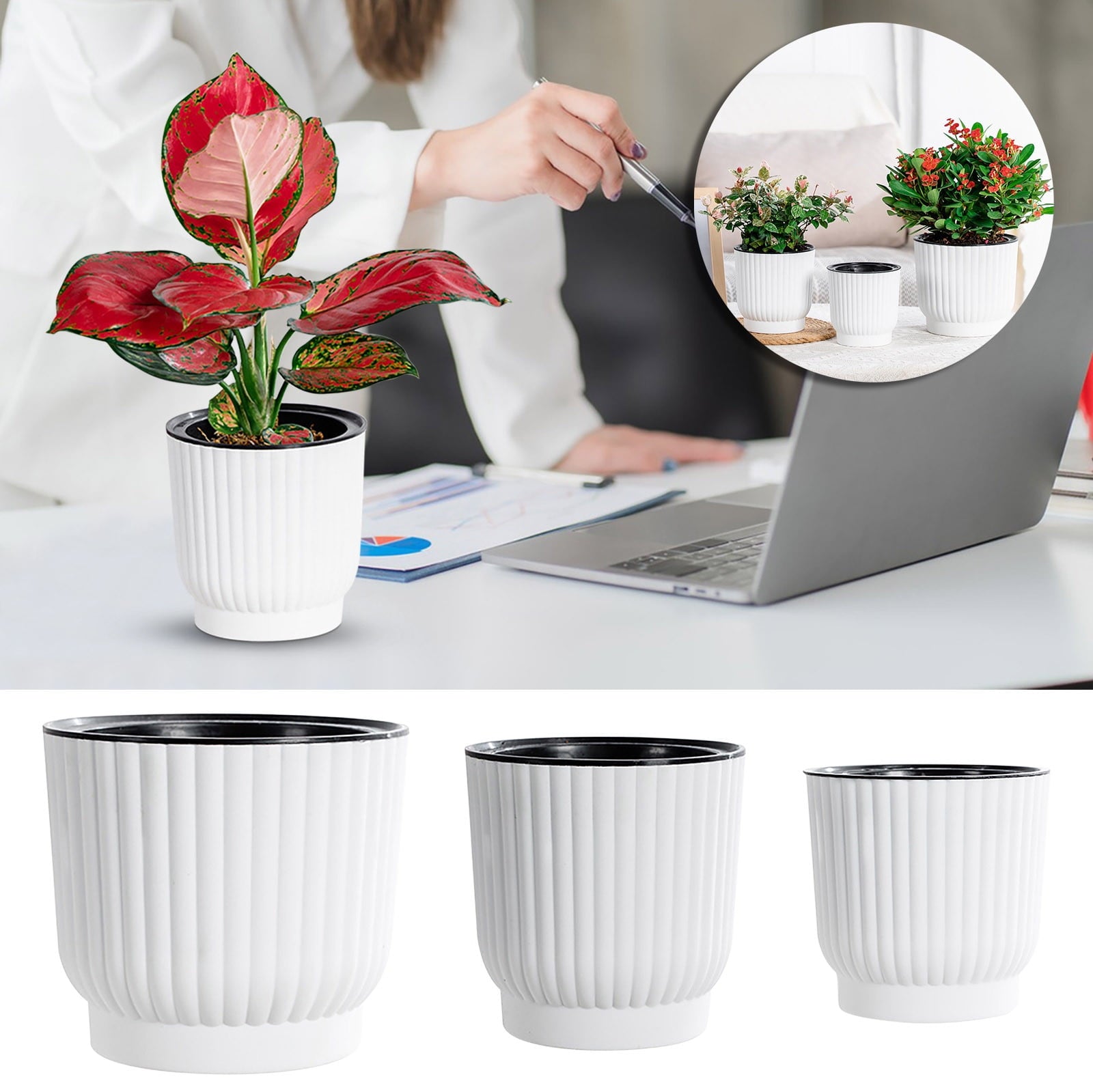 Todaioua Self-Watering Planter Pot with Vertical Pattern - 5.9 Inch Automatic Irrigation Flower Pot for Succulents, Roses, Office Desk Plants, Eco-Friendly Plant Container​​
