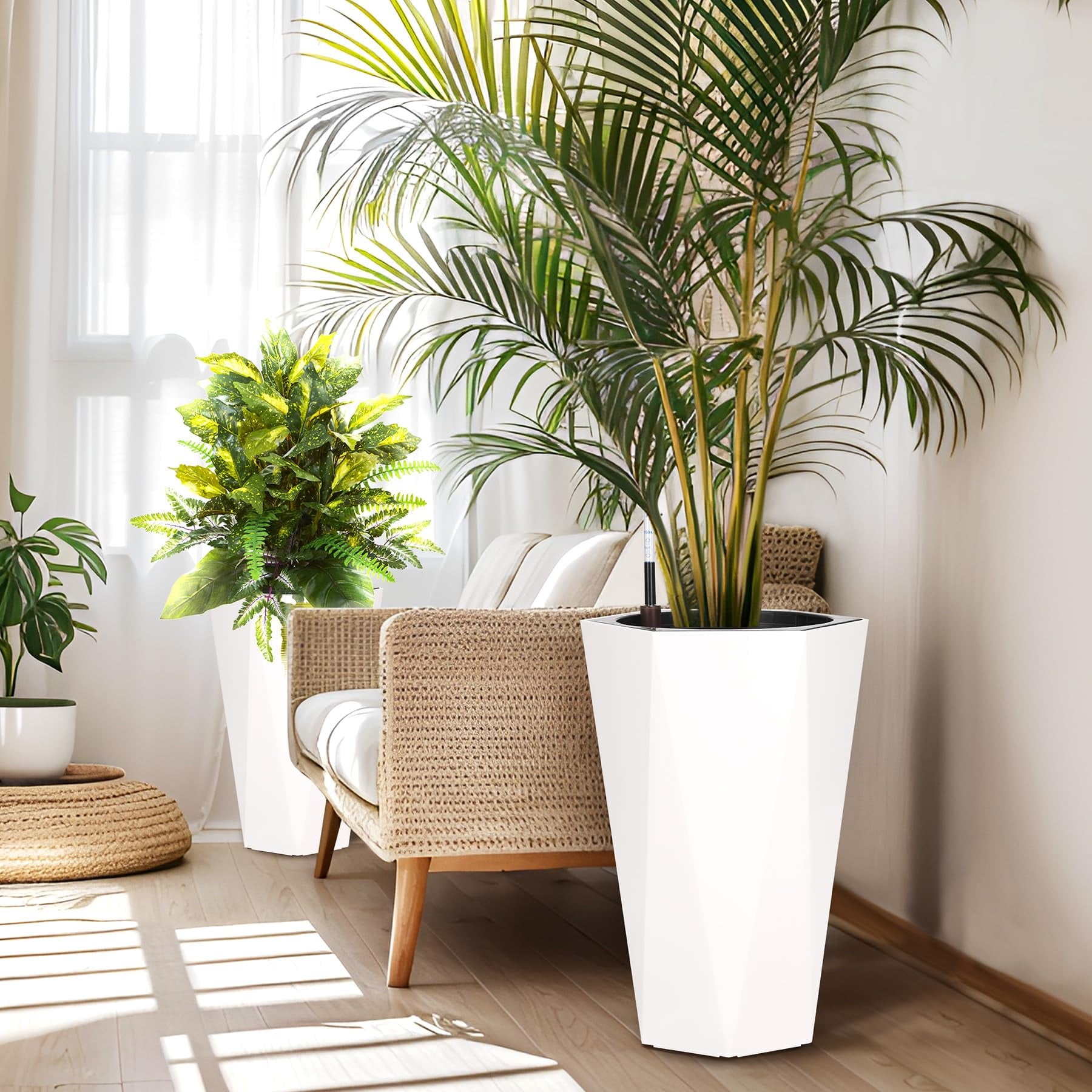 23 Inch Tall Outdoor Planters Set of 2, Self Watering Pots for Indoor Plants with Water Level Monitor & Drainage Hole & Wheels, Large Planter Pots for Garden, Patio, Balcony, White