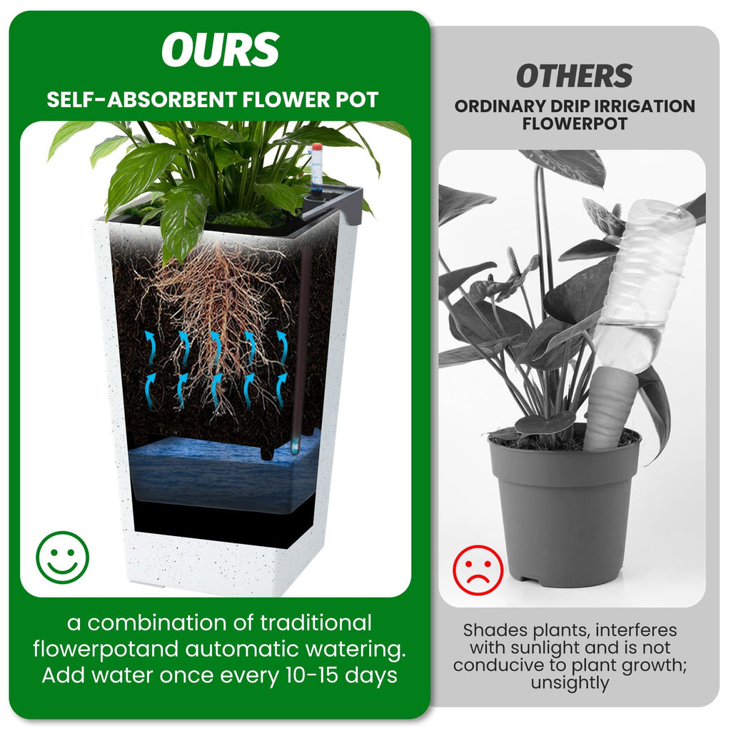 Large Indoor Plant Pot Set of 2, Self Watering Plant Pot, High Front Porch Planter Pots with Drainage Holes＆Water Level Monitor Movable Wheels ＆Inner Bucket, Automatic Watering