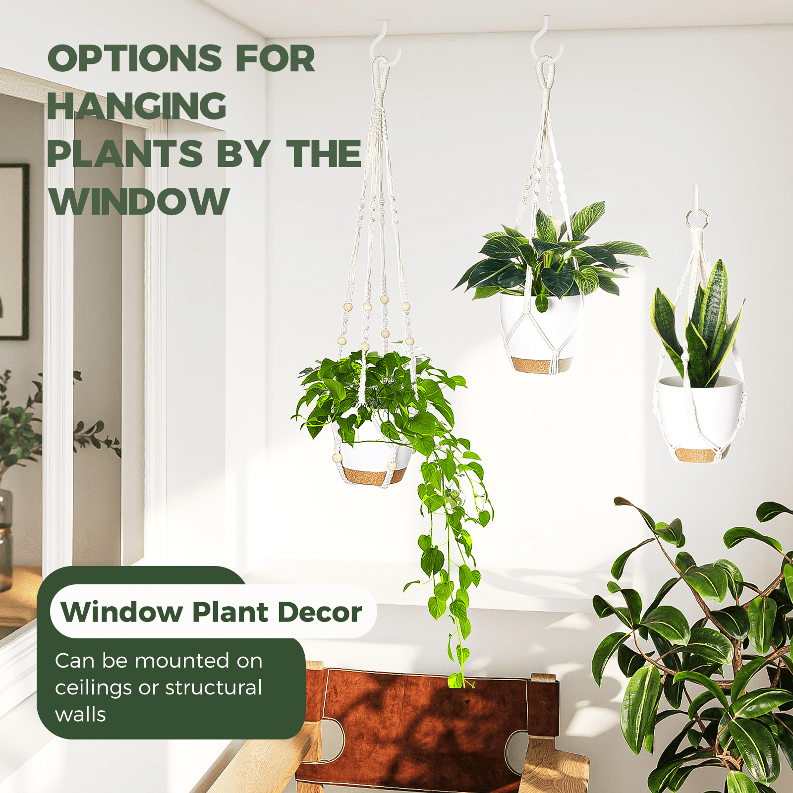 Bamworld Hanging Planters with Macrame Plant Hangers for Indoor Outdoor Plants 3 Set Self Watering Pots Hanging Baskets Flower Pot Holders 3 Different Size