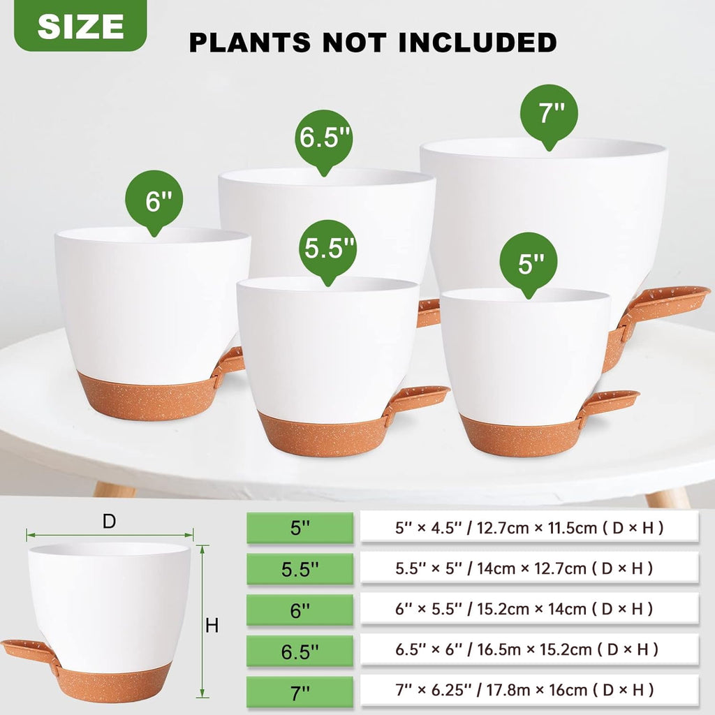 Plant Pots 7/6.5/6/5.5/5 Inch Self Watering Planters with Drainage Hole, Plastic Flower Pots, Nursery Planting Pot for All House Plants, Succulents,Snake Plant, African Violet, Flowers,White