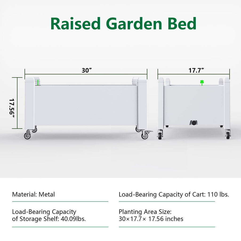 Joxxoaa Raised Garden Bed with Wheels,Self-Watering Raised Planter Box with Drainage Plug & Gauge for Vegetables Flowers Herbs Succulents, Rustproof Resin for Backyard Patio Porch (White)