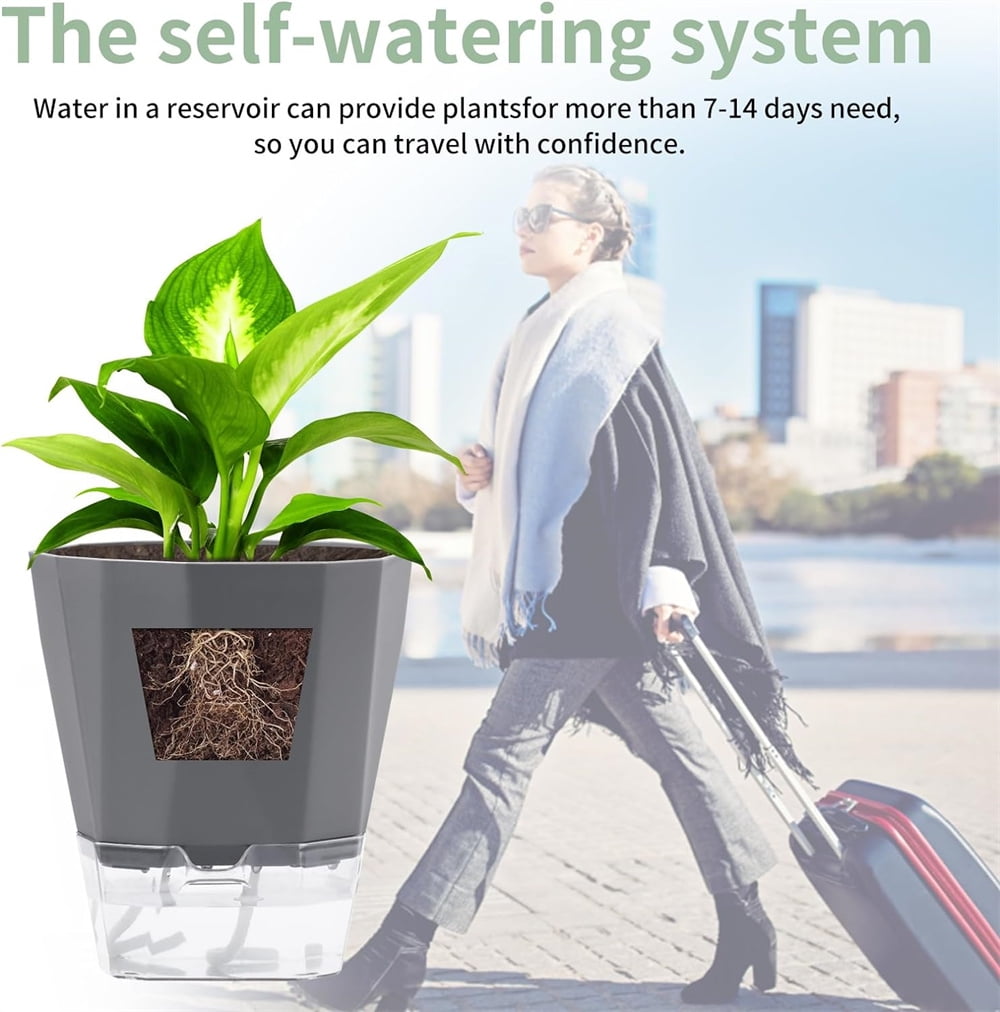 NOGIS 4 Pack Self Watering Plant Pots 5" Self Watering Planters for Indoor and Outdoor Plants African Violet Self Watering Pots Clear Pots for Houseplant Pots, Dark Grey (4Pcs 5Inch)