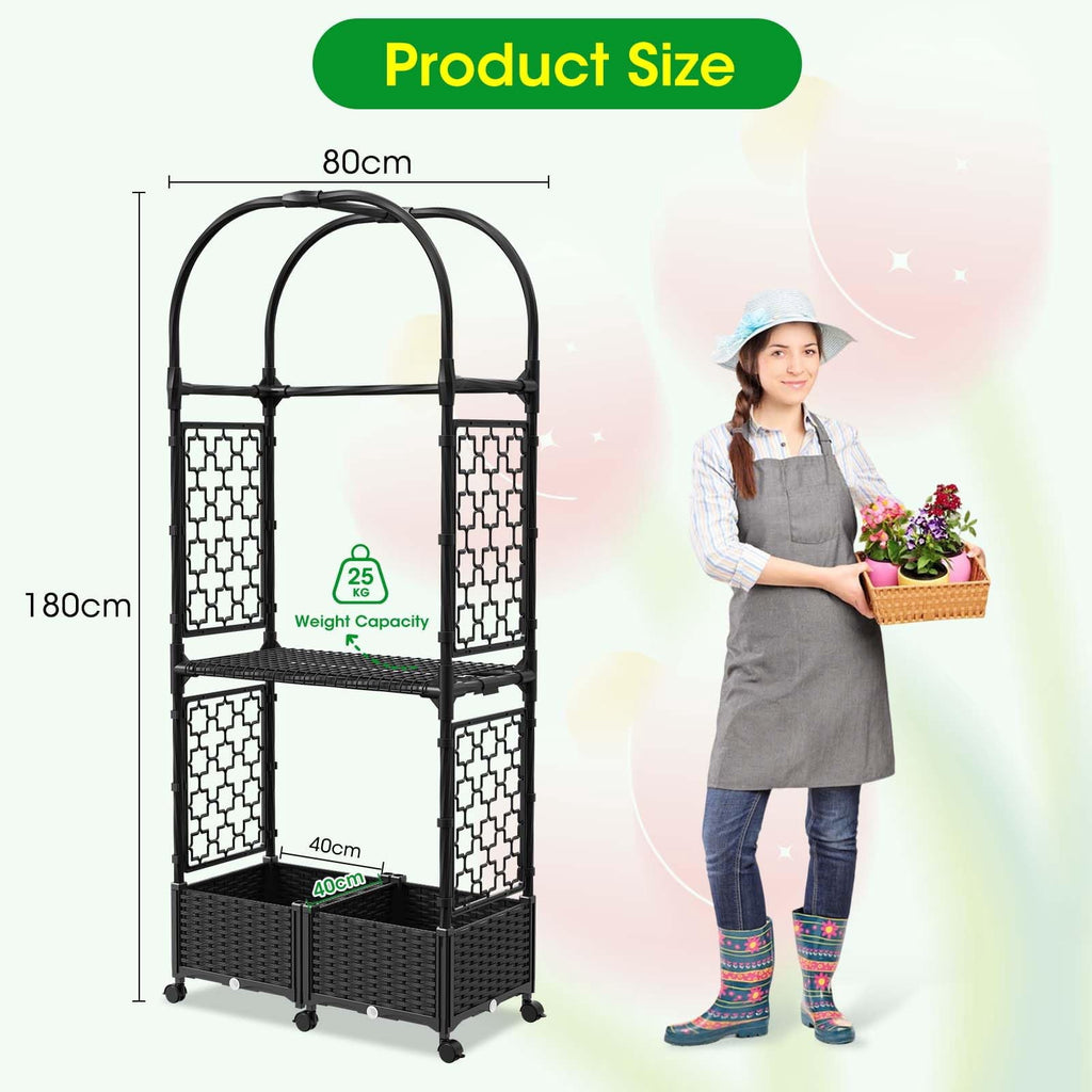 Rose Planter Box with Trellis, 63in Self Watering Raised Garden Bed with Wheels, Storage Shelf & Drainage Holes for Climbing Plants, Tomatoes, Vegetables, Indoor Outdoor Patio Garden