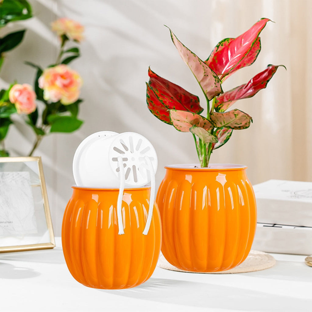 KeirineCC 4" Pumpkin Planter Self Watering Pot,5x4 Inch Plant Plastic Pots Indoor,Self Watering Orchid Pot Pumpkin Planter Flower Pot for All House Plants,Flowers,African Violets,1 Pcs,Orange