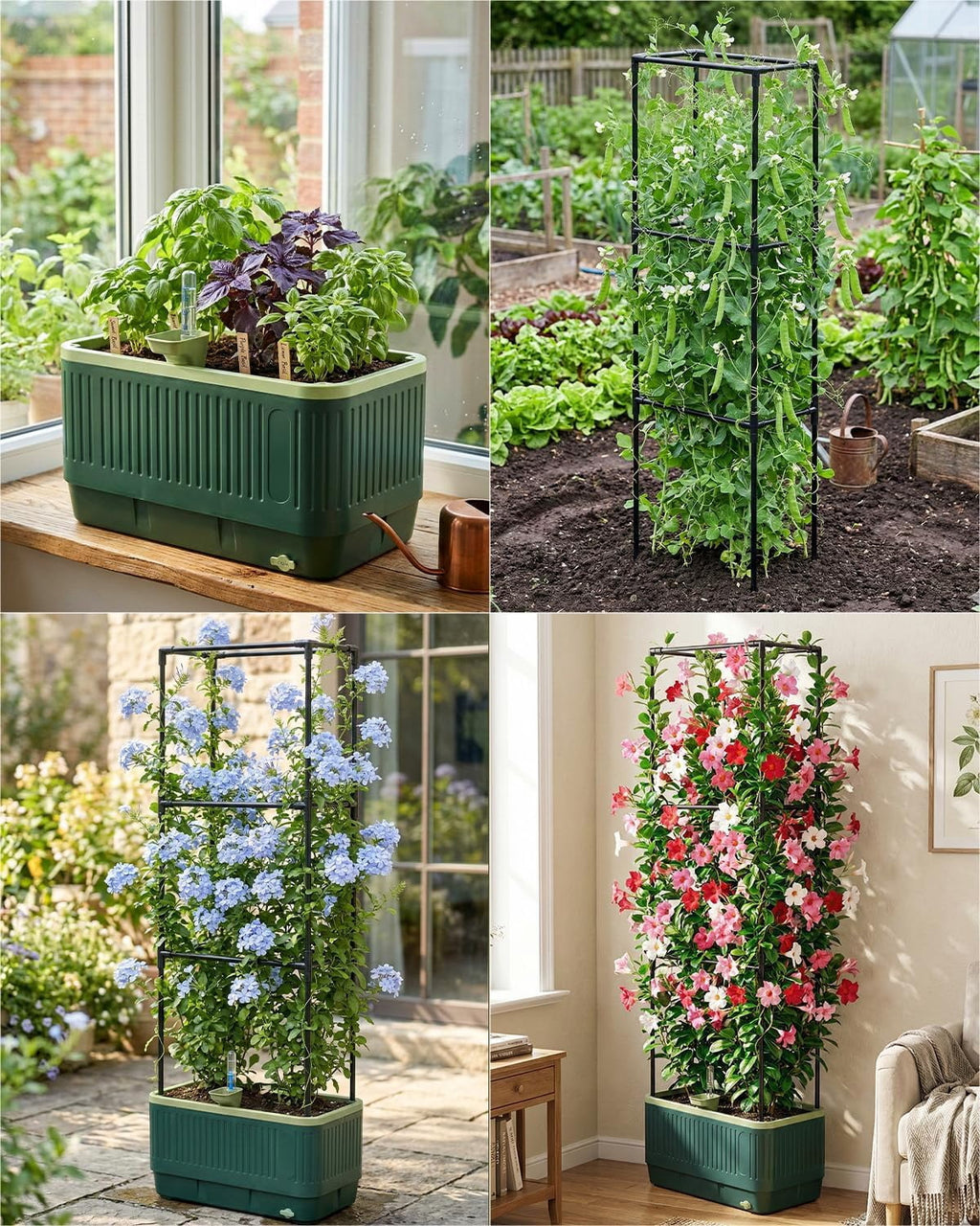 51" Self Watering Planter Box with Trellis, Tomato Cage with Water Level Indicator, Indoor Outdoor Raised Garden Bed