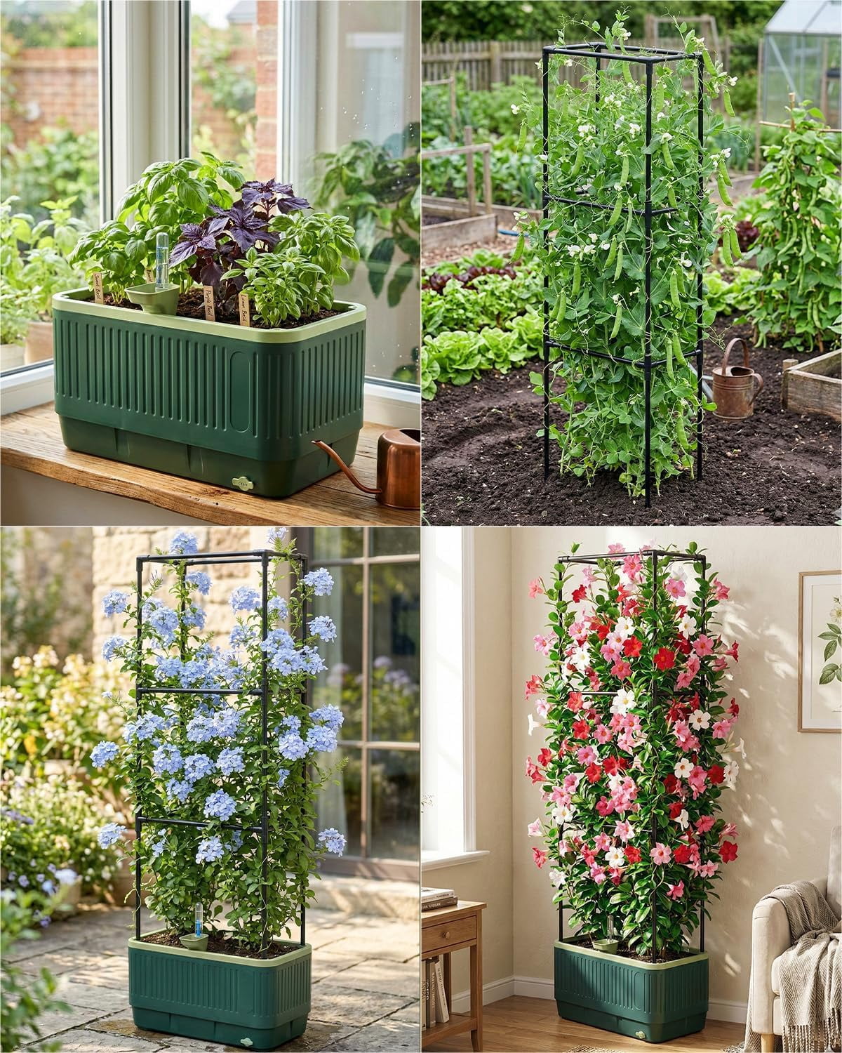 51" Self Watering Planter Box with Trellis, Tomato Cage with Water Level Indicator, Indoor Outdoor Raised Garden Bed