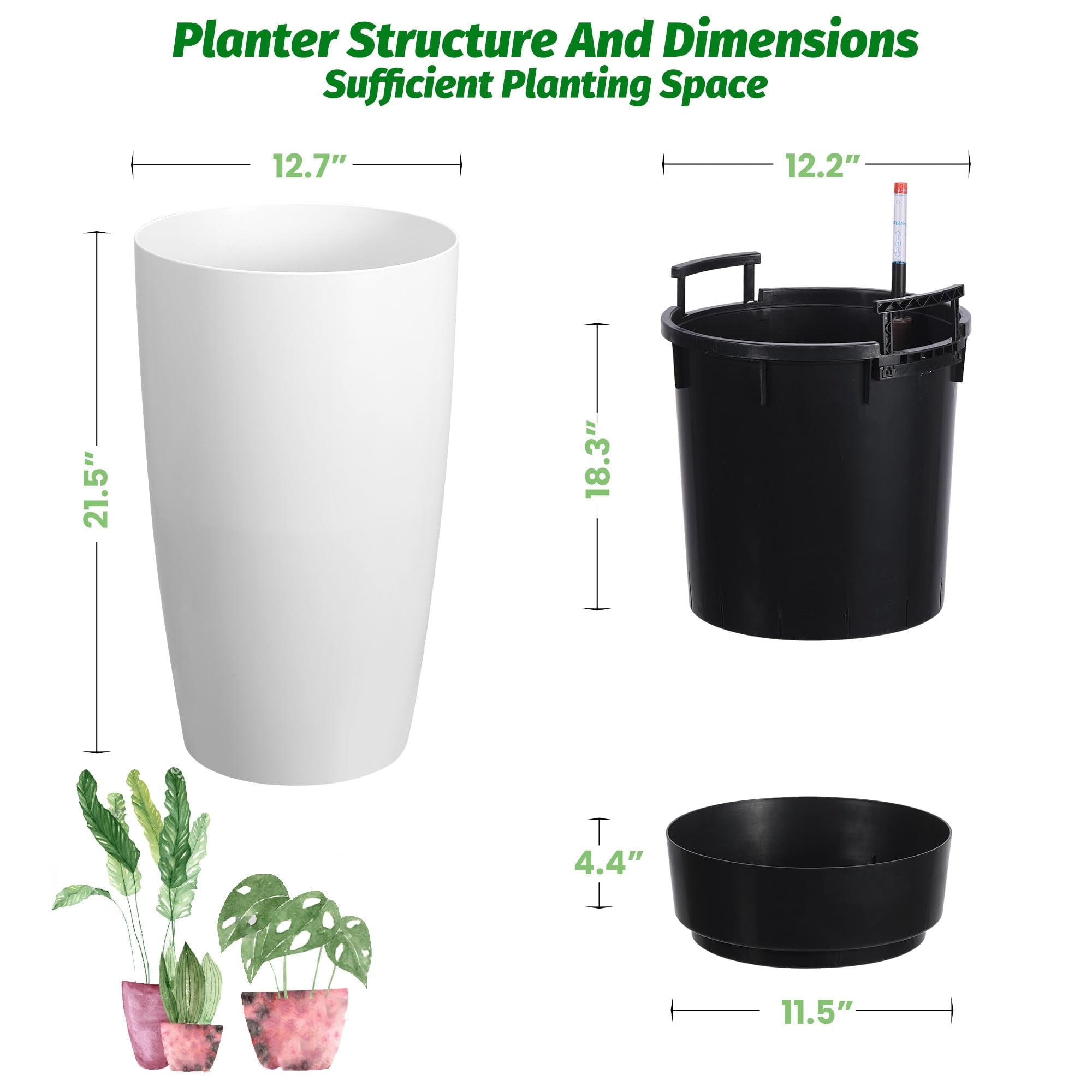Goldensoil 22" Tall Round Planter Set of 2, Self Watering Pots with Water Level Monitor, White